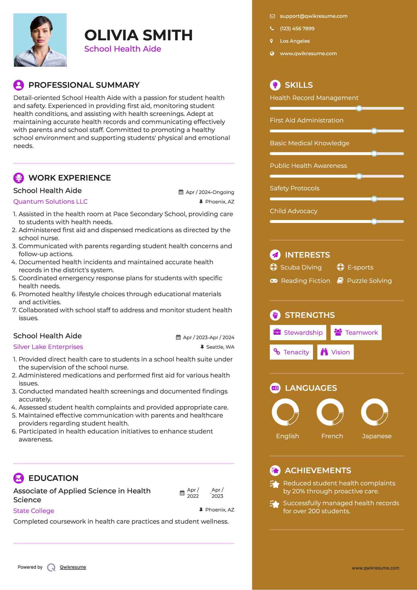 School Health Aide Resume Sample