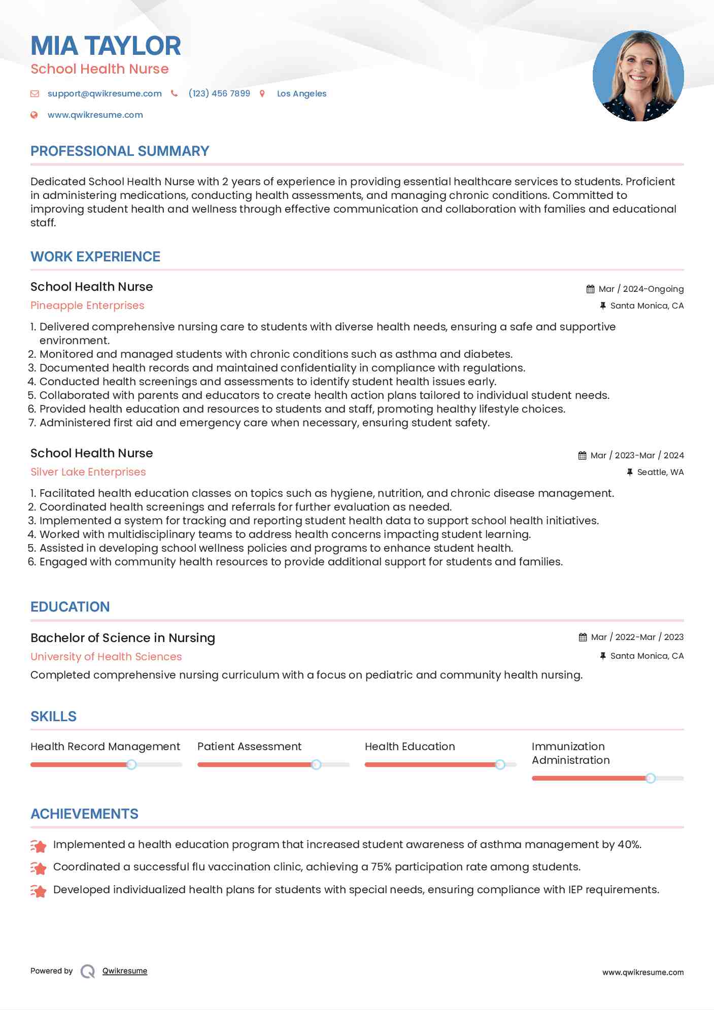 School Health Nurse Resume Template