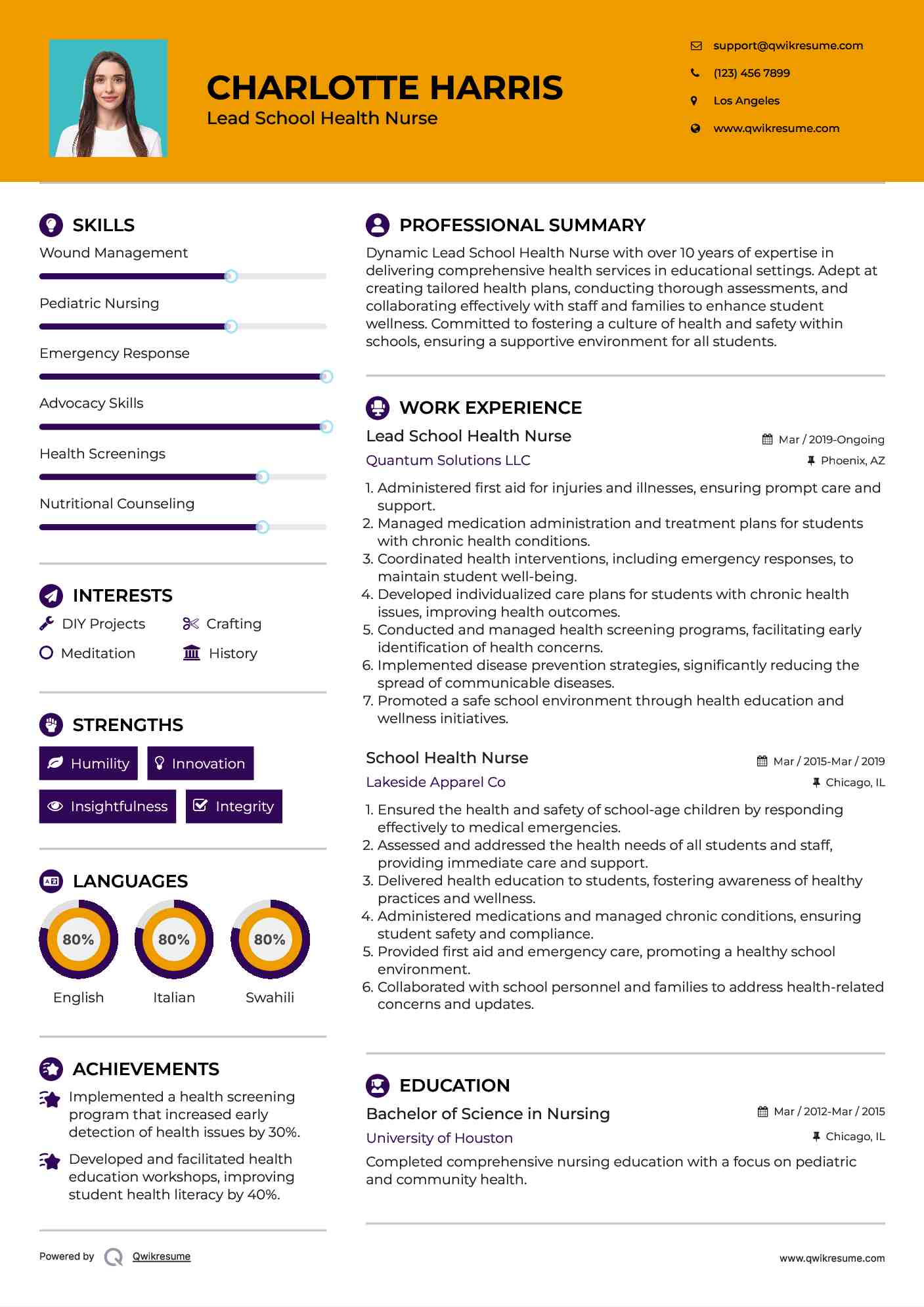 Lead School Health Nurse Resume Example