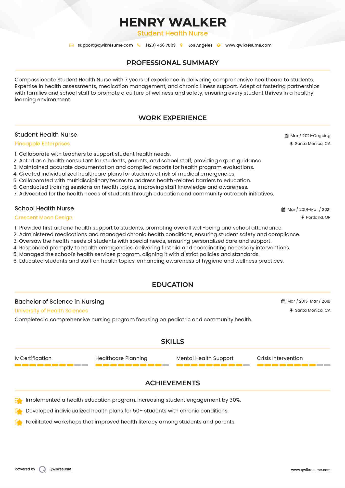 Student Health Nurse Resume Sample