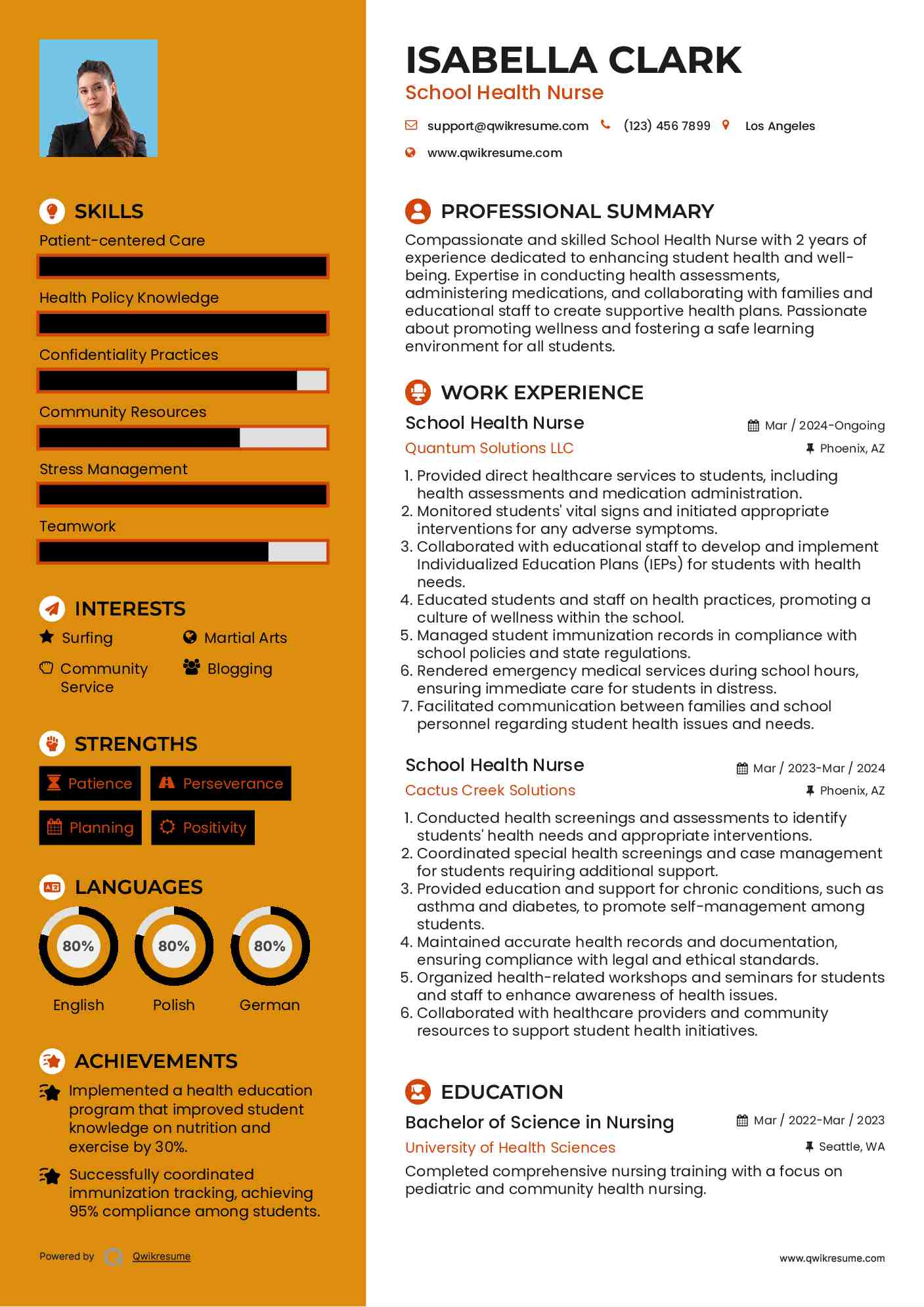 School Health Nurse Resume Example