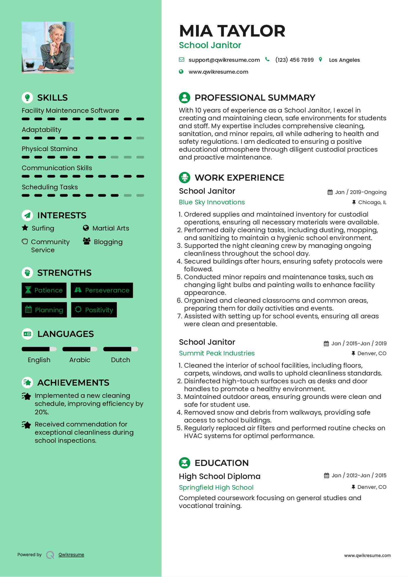 School Janitor Resume Format