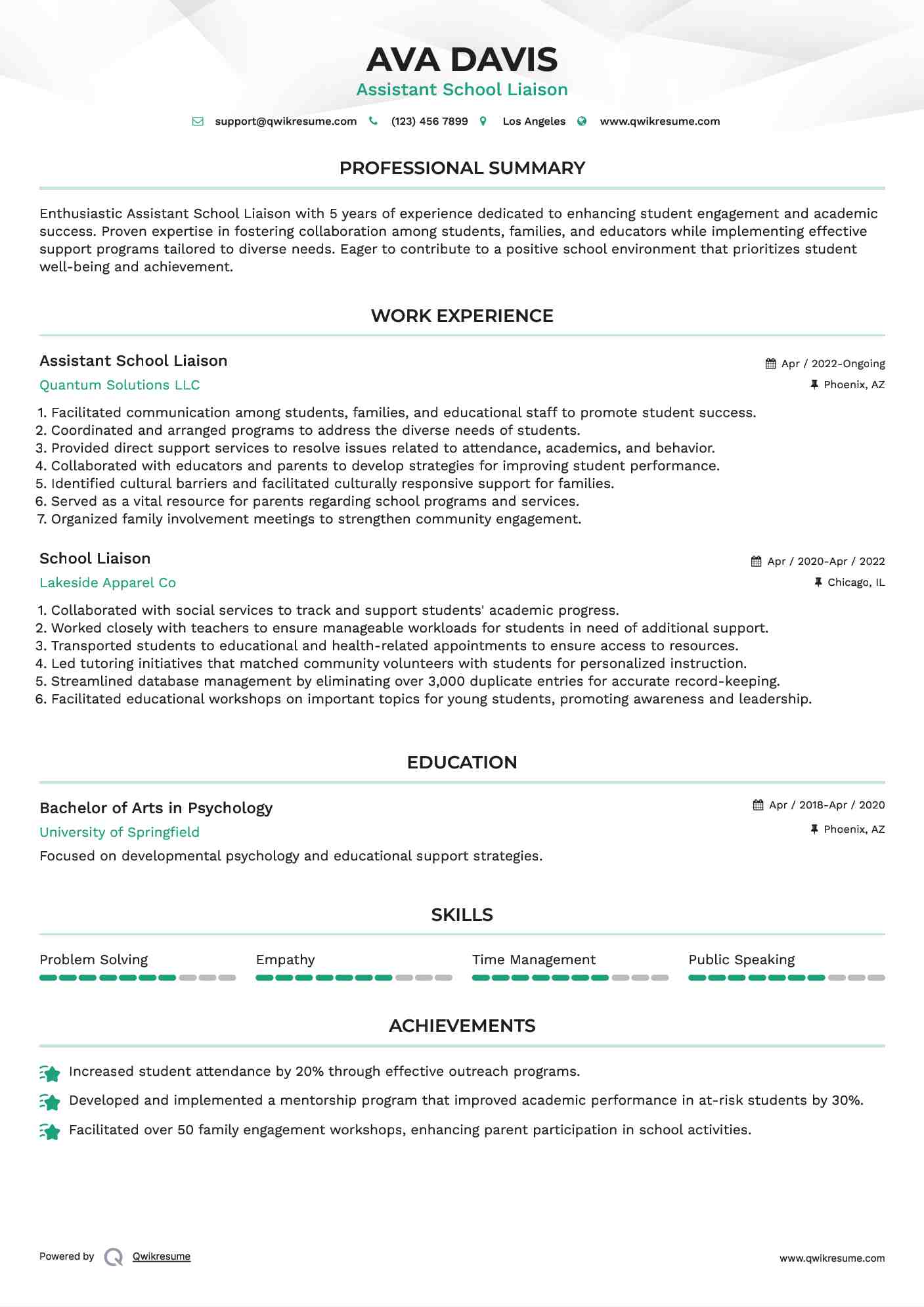 Assistant School Liaison Resume Example