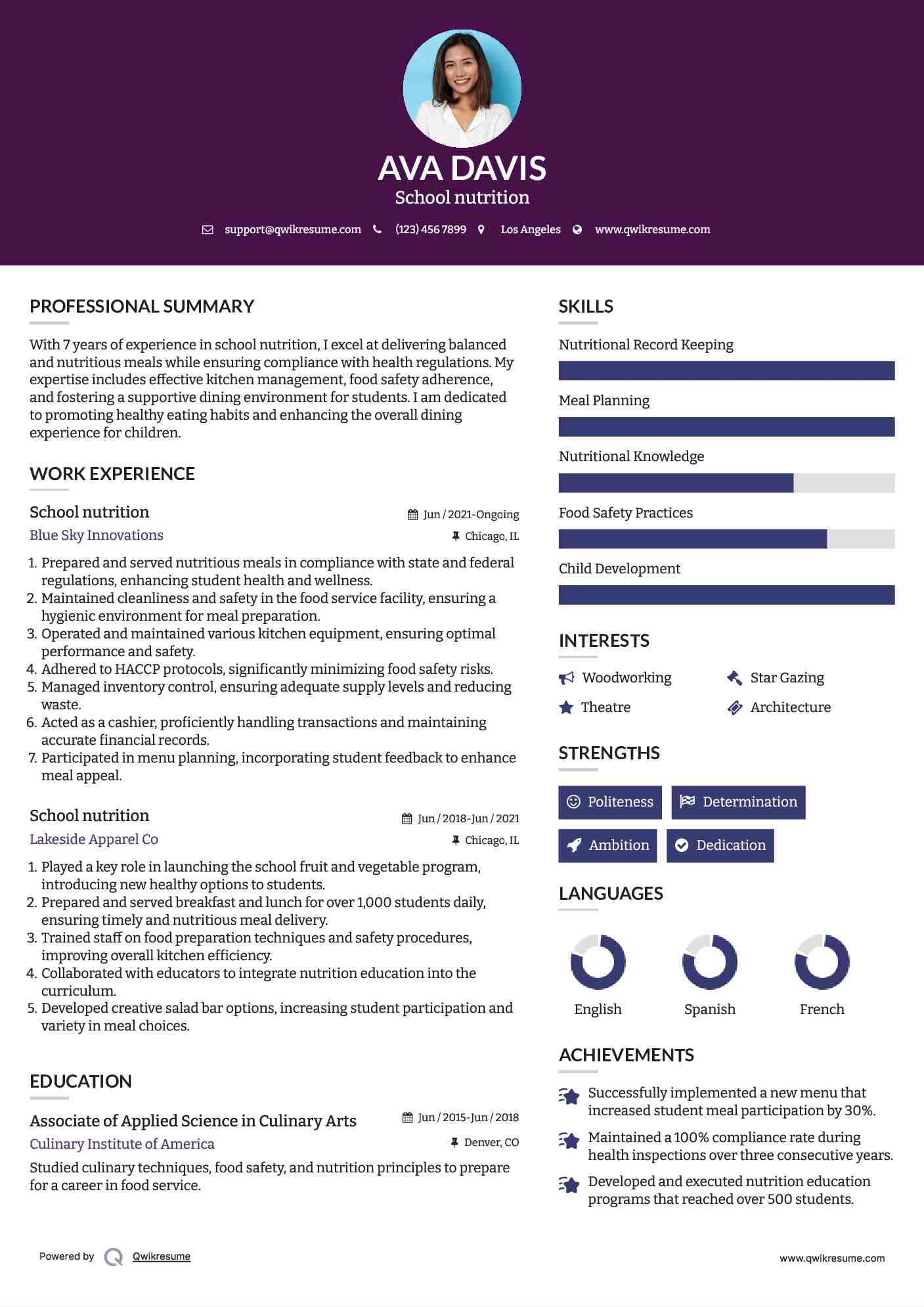 School nutrition Resume Model