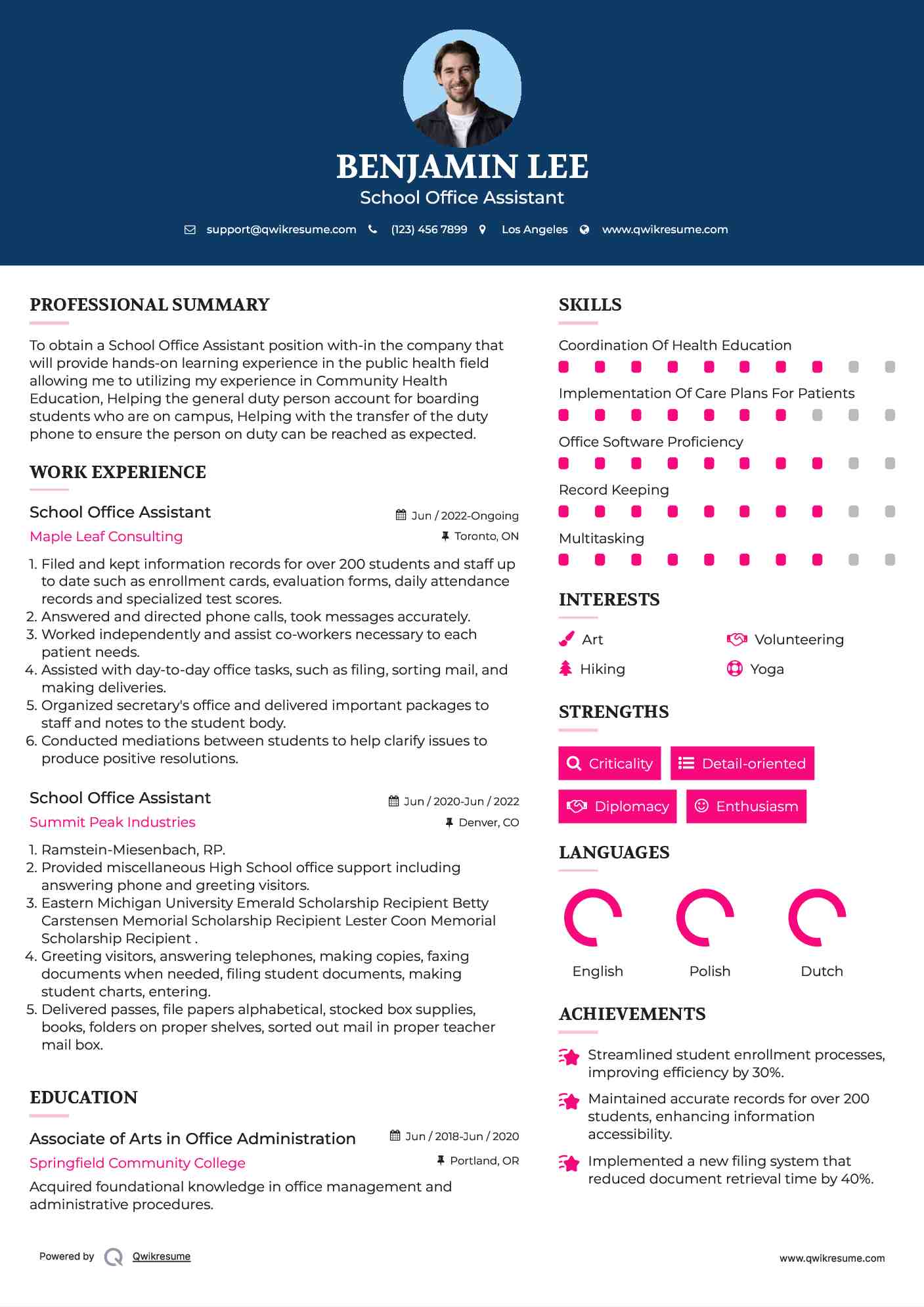 School Office Assistant Resume Template