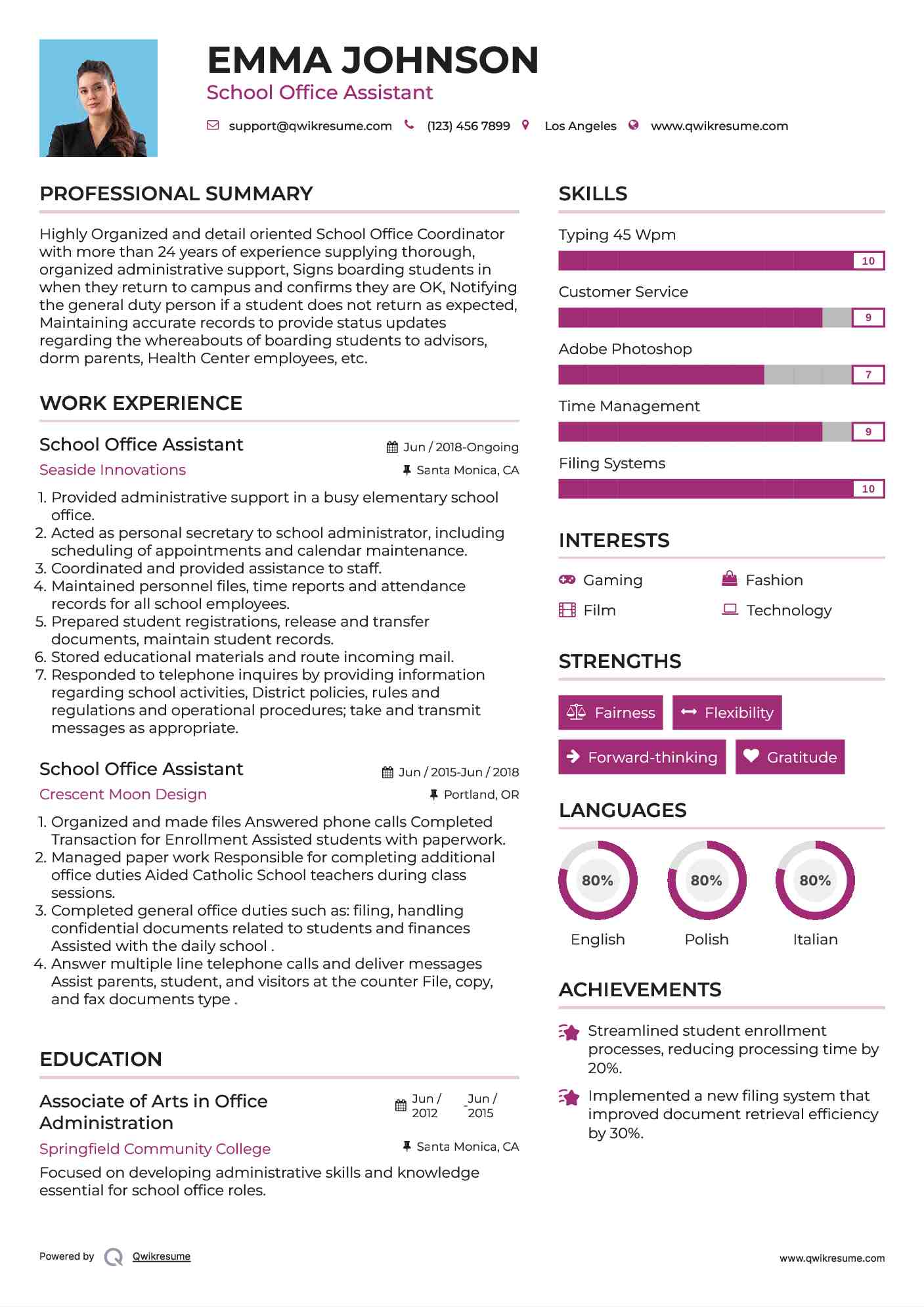 School Office Assistant Resume Template
