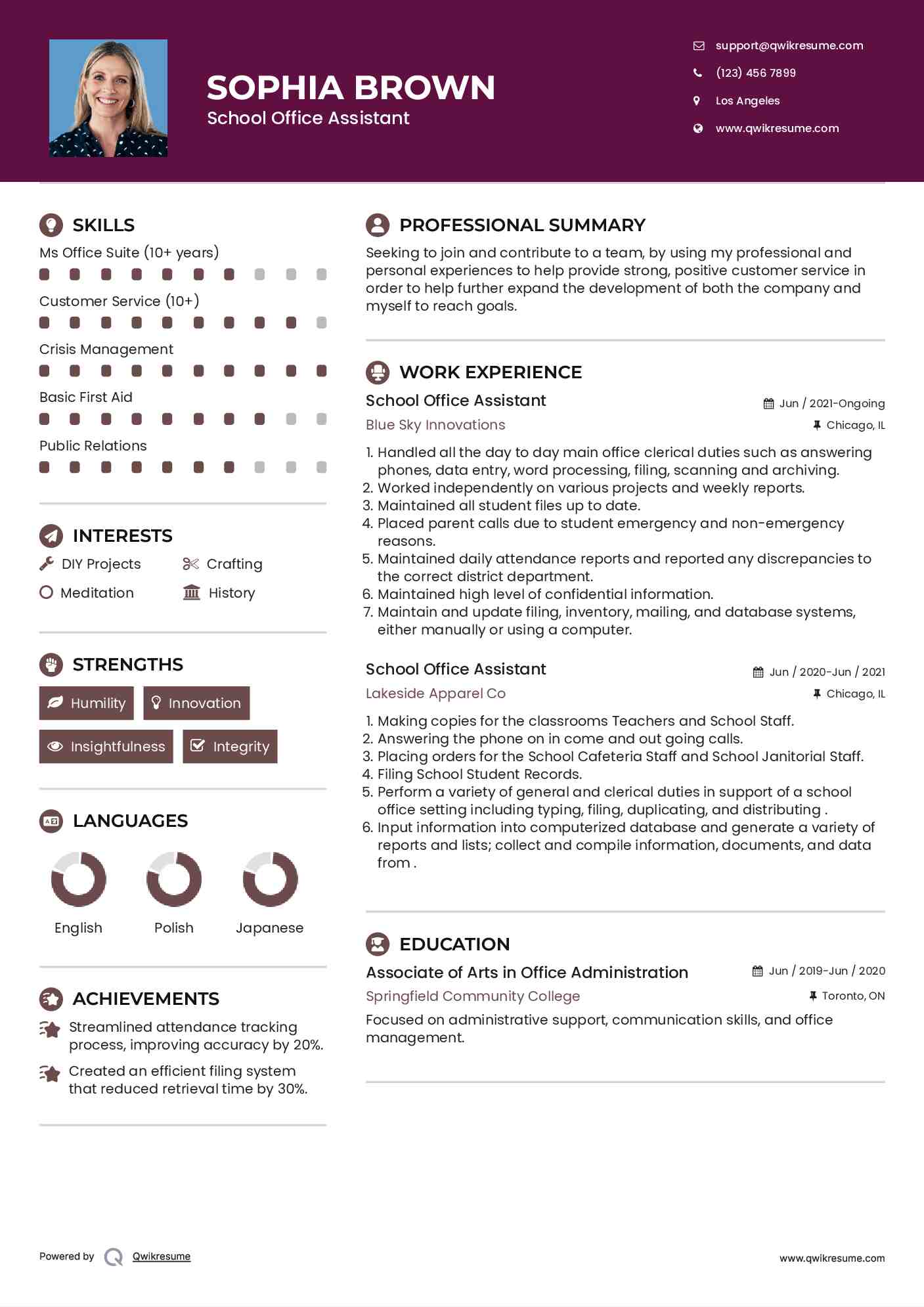 School Office Assistant Resume Template