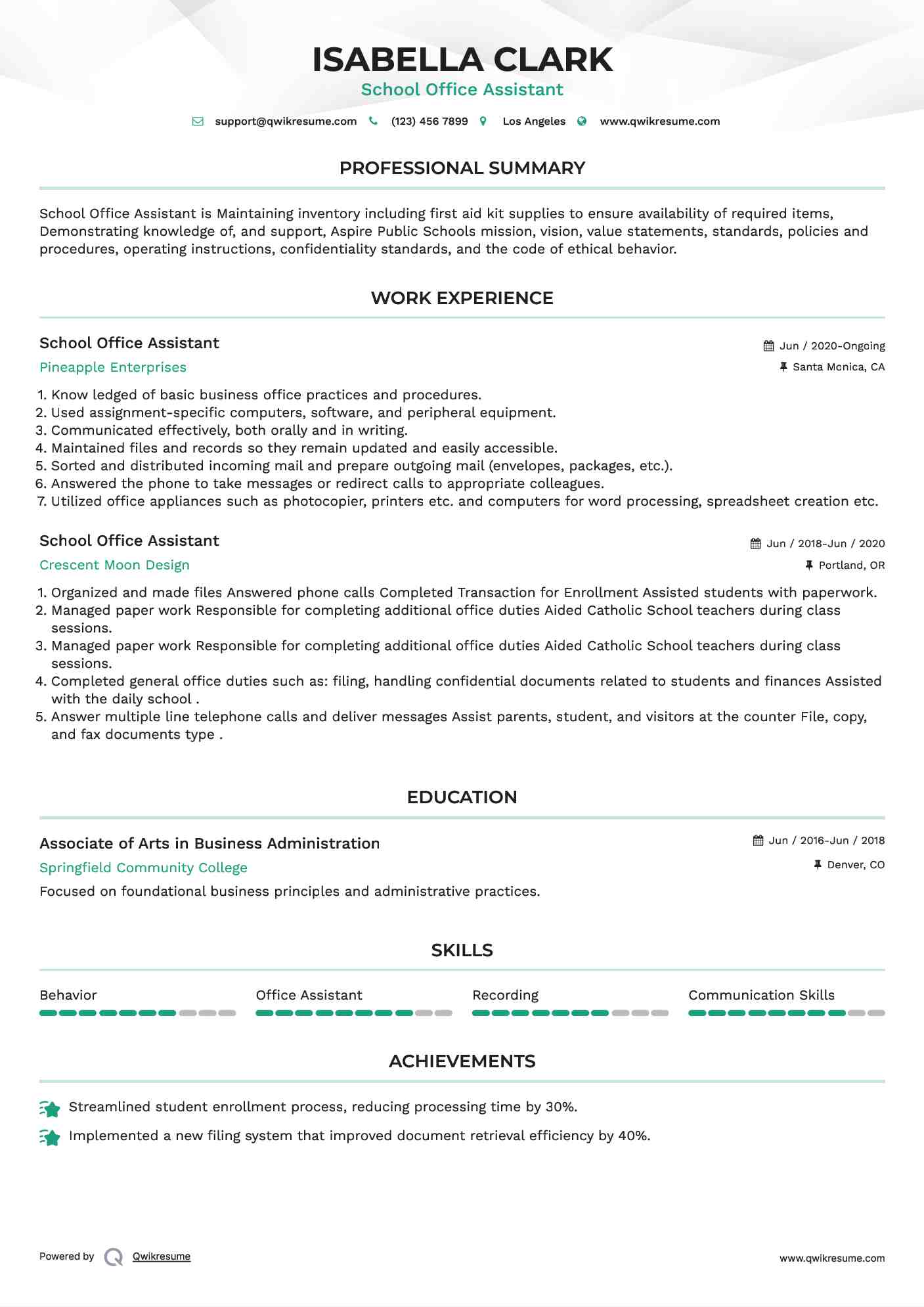 School Office Assistant Resume Format