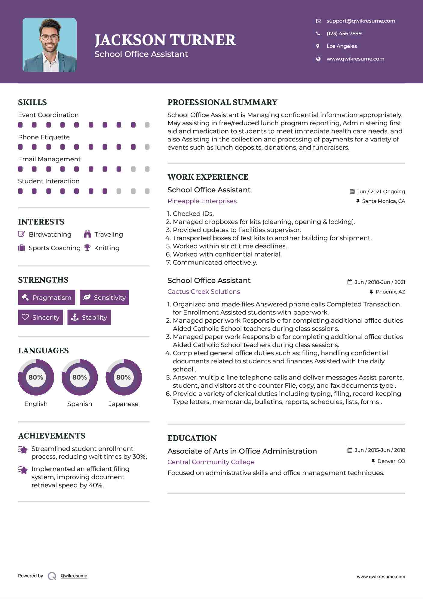 School Office Assistant Resume Example