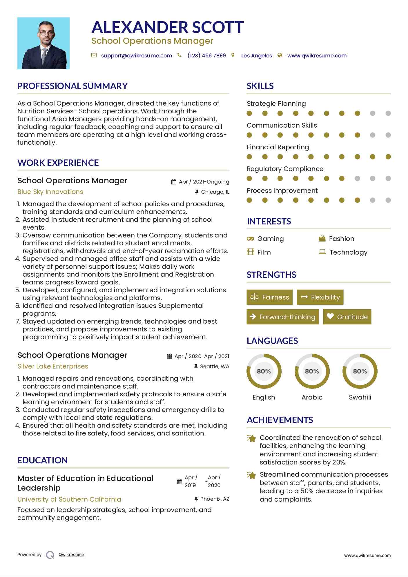 School Operations Manager Resume Sample