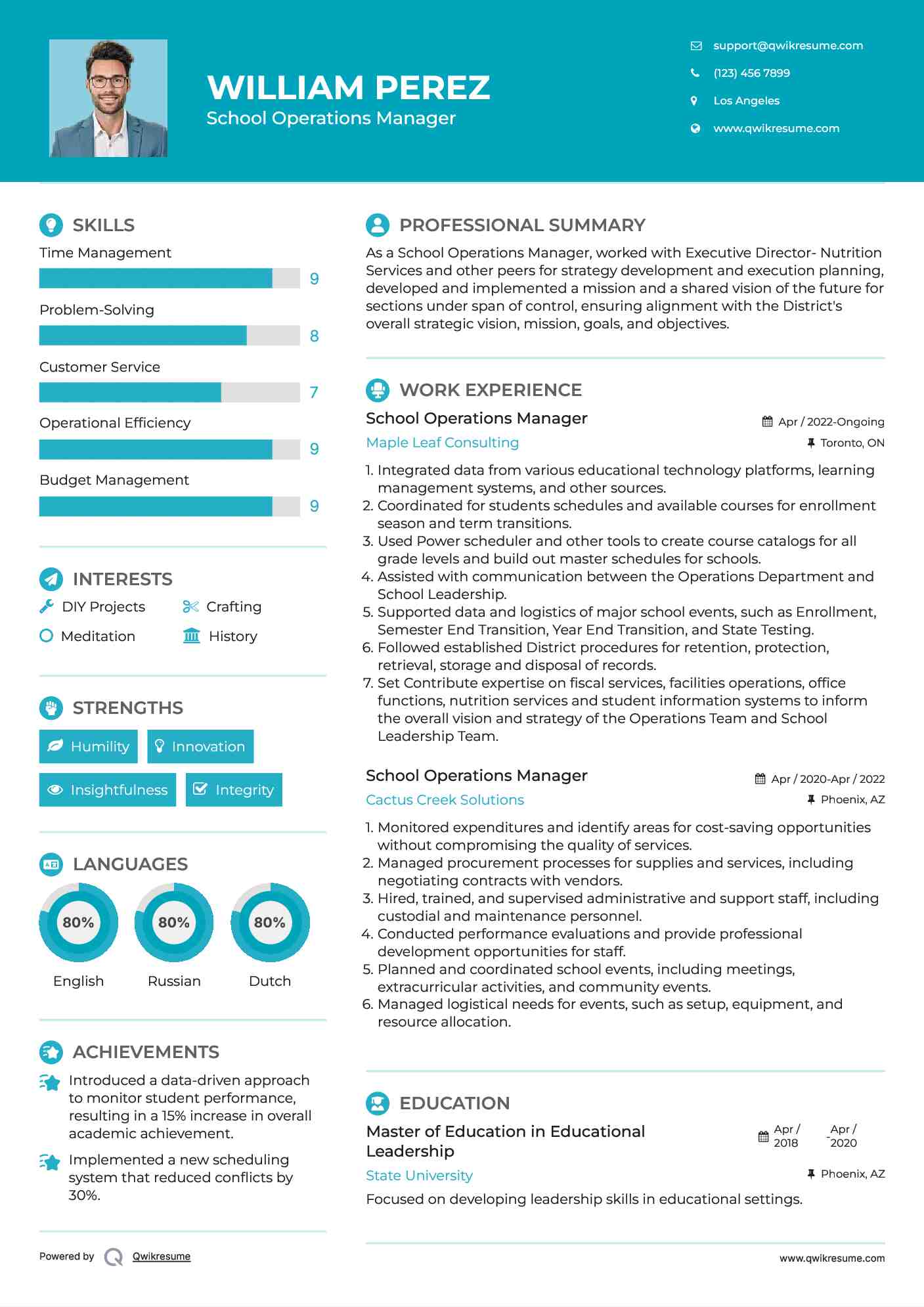 School Operations Manager Resume Sample