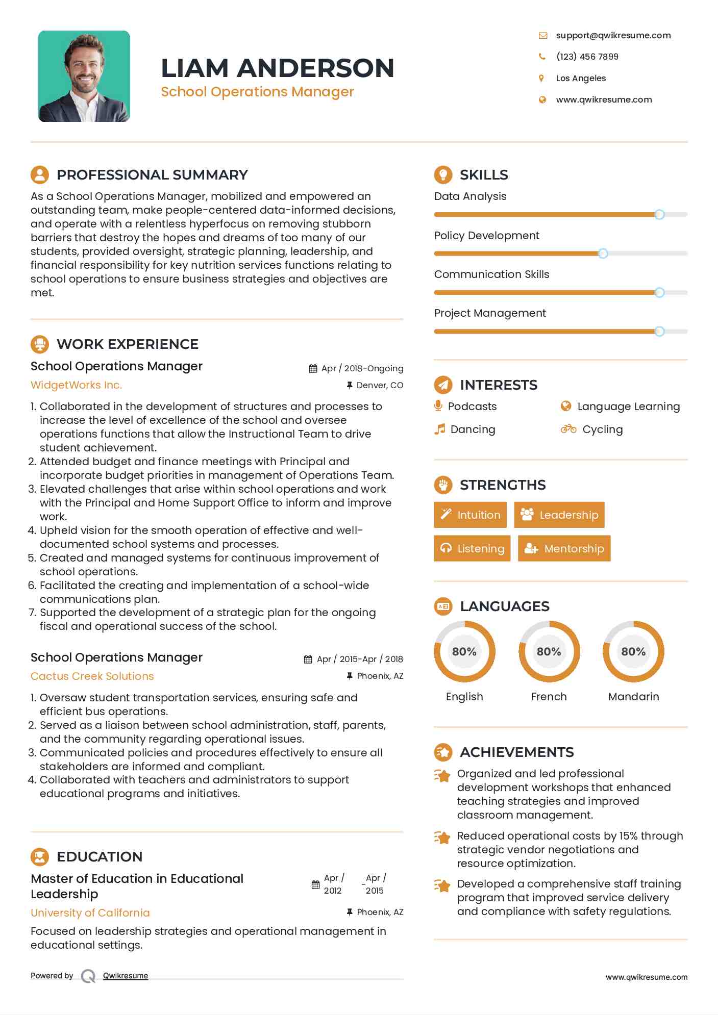 School Operations Manager Resume Sample