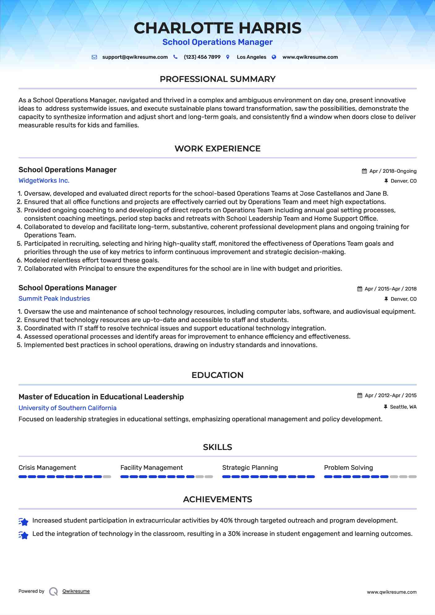 School Operations Manager Resume Format