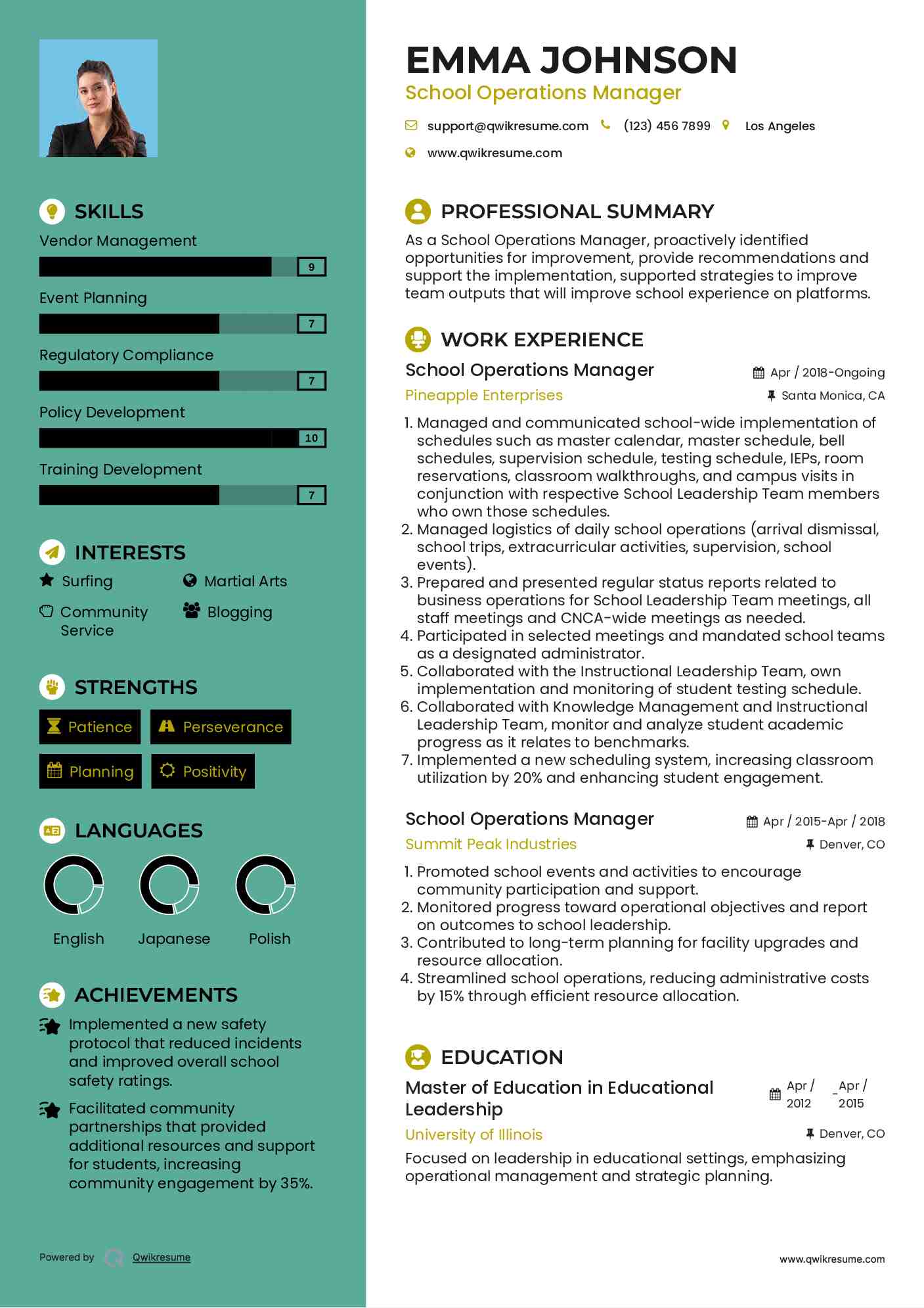 School Operations Manager Resume Example