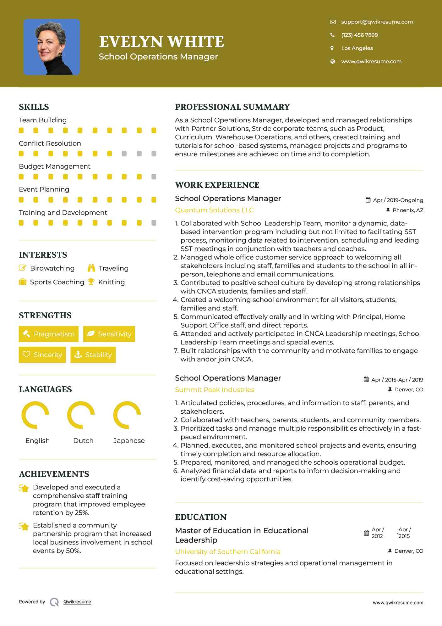 School Operations Manager Resume Model