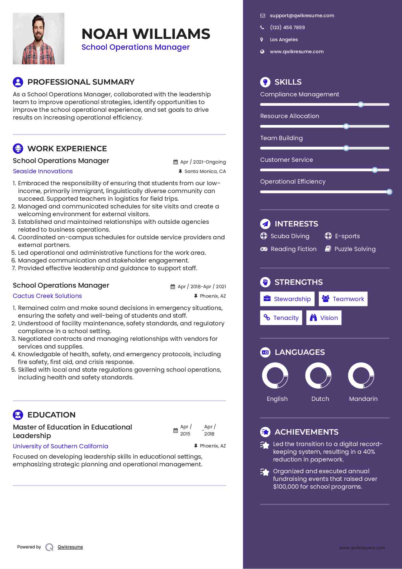School Operations Manager Resume Format
