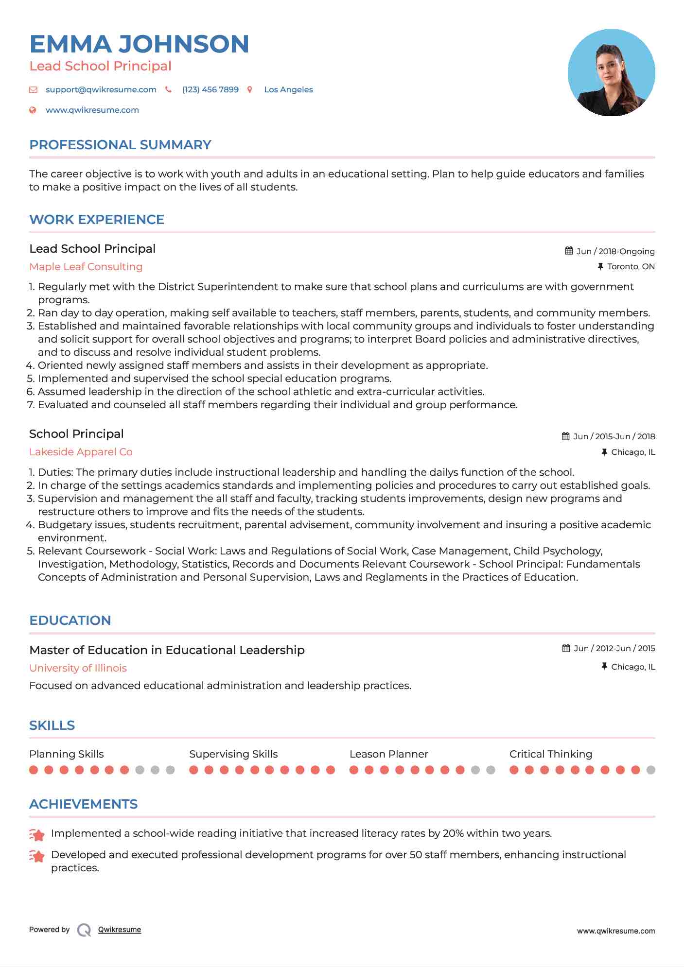 Lead School Principal Resume Example
