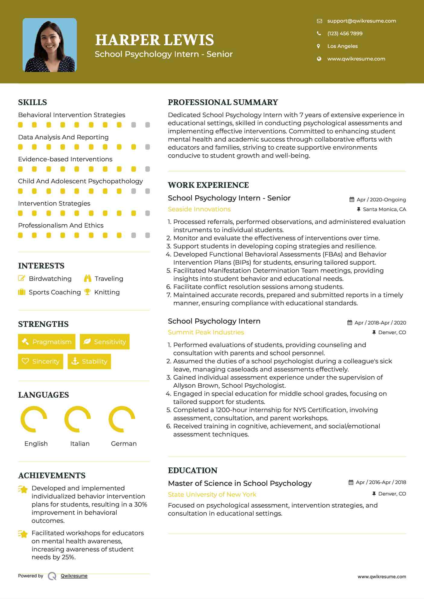 School Psychology Intern - Senior Resume Sample