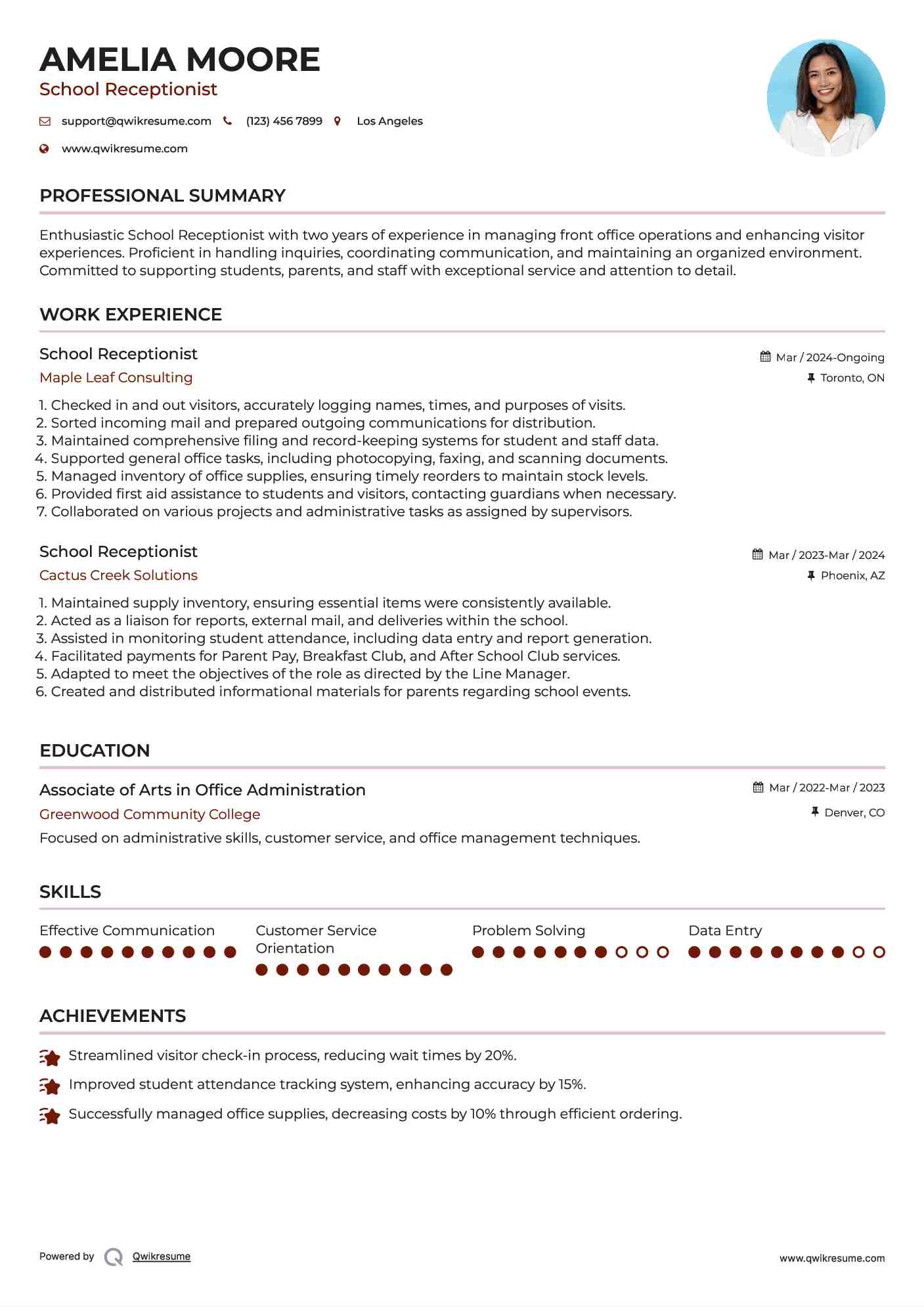 School Receptionist Resume Template