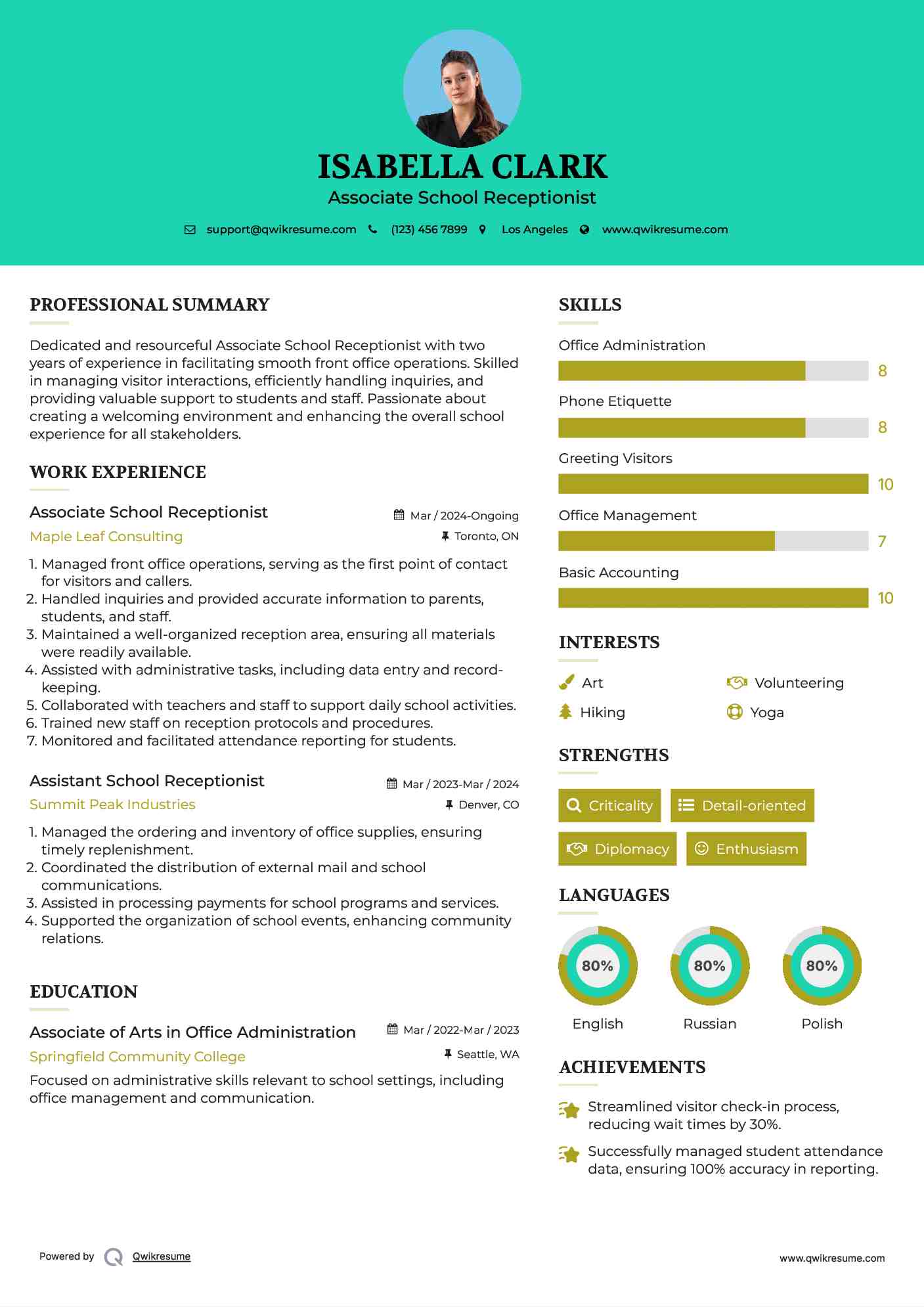 Associate School Receptionist  Resume Template