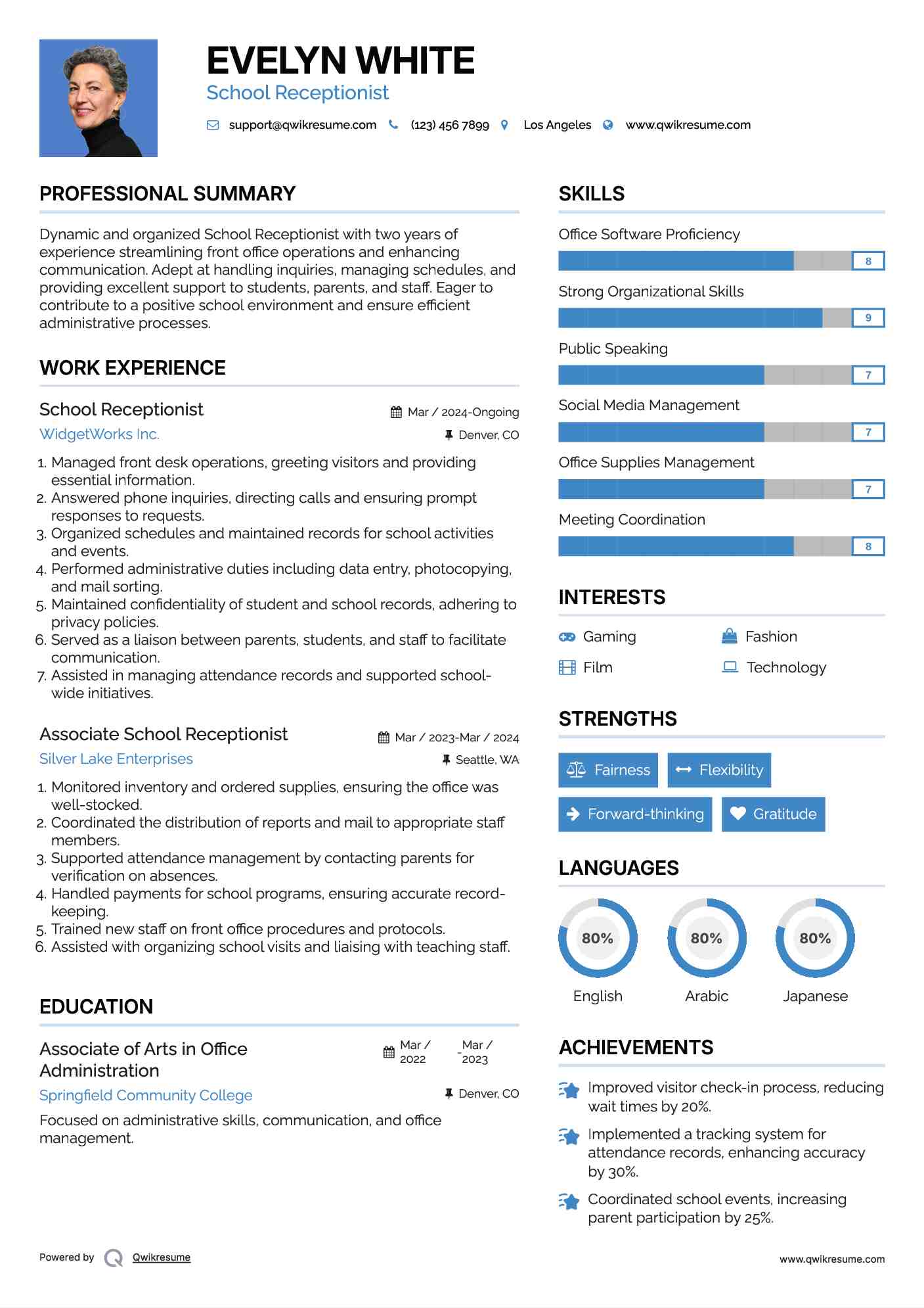 School Receptionist Resume Example