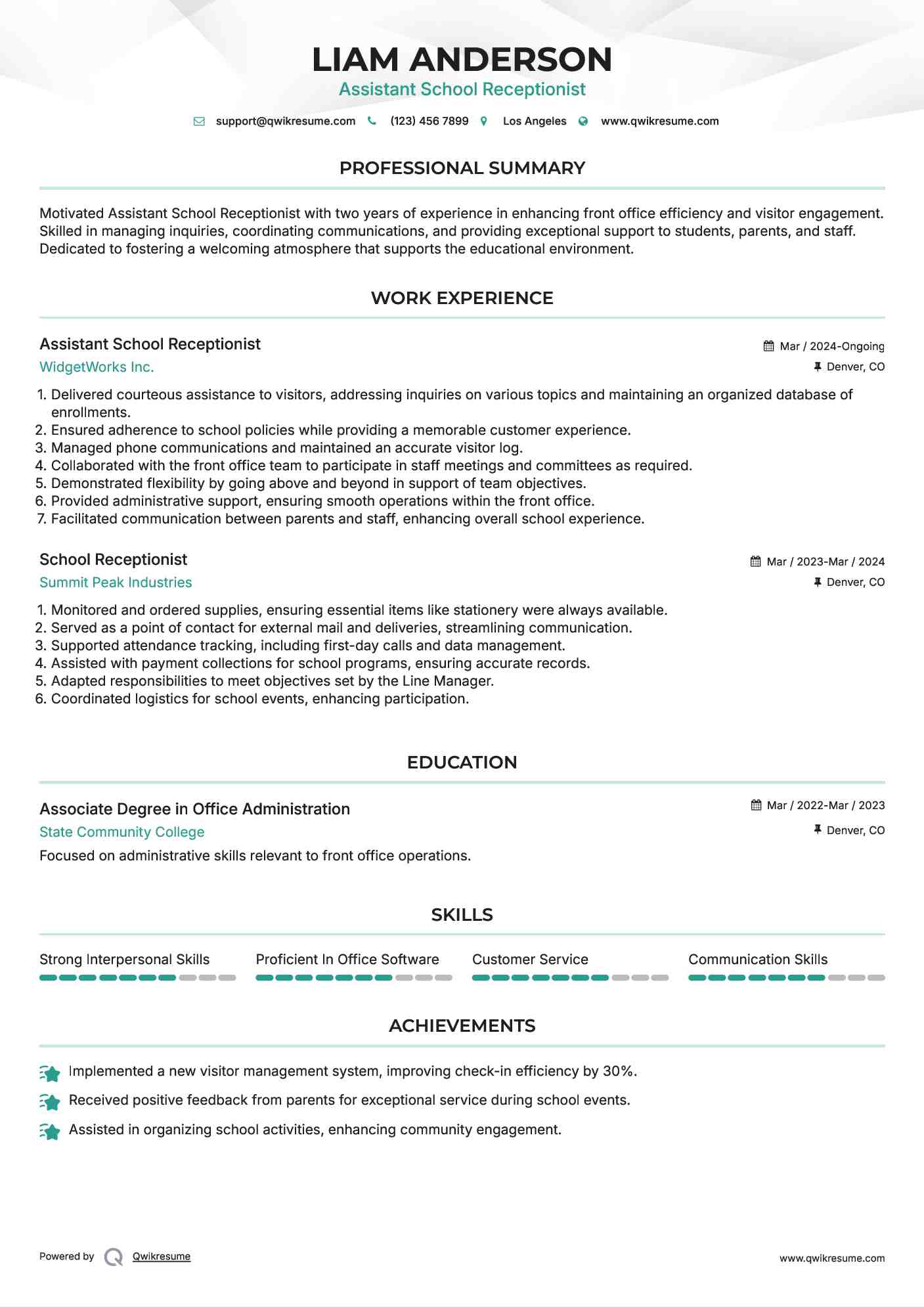 Assistant School Receptionist Resume Example