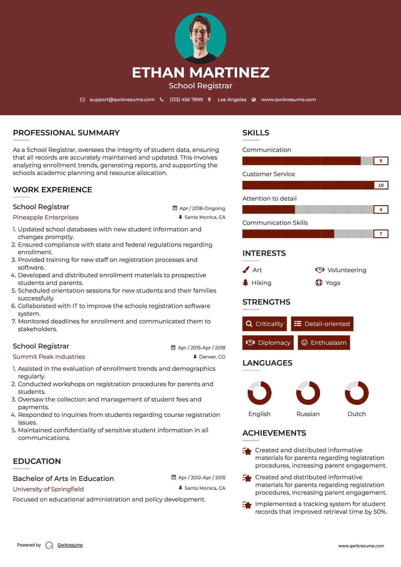 School Registrar Resume Model