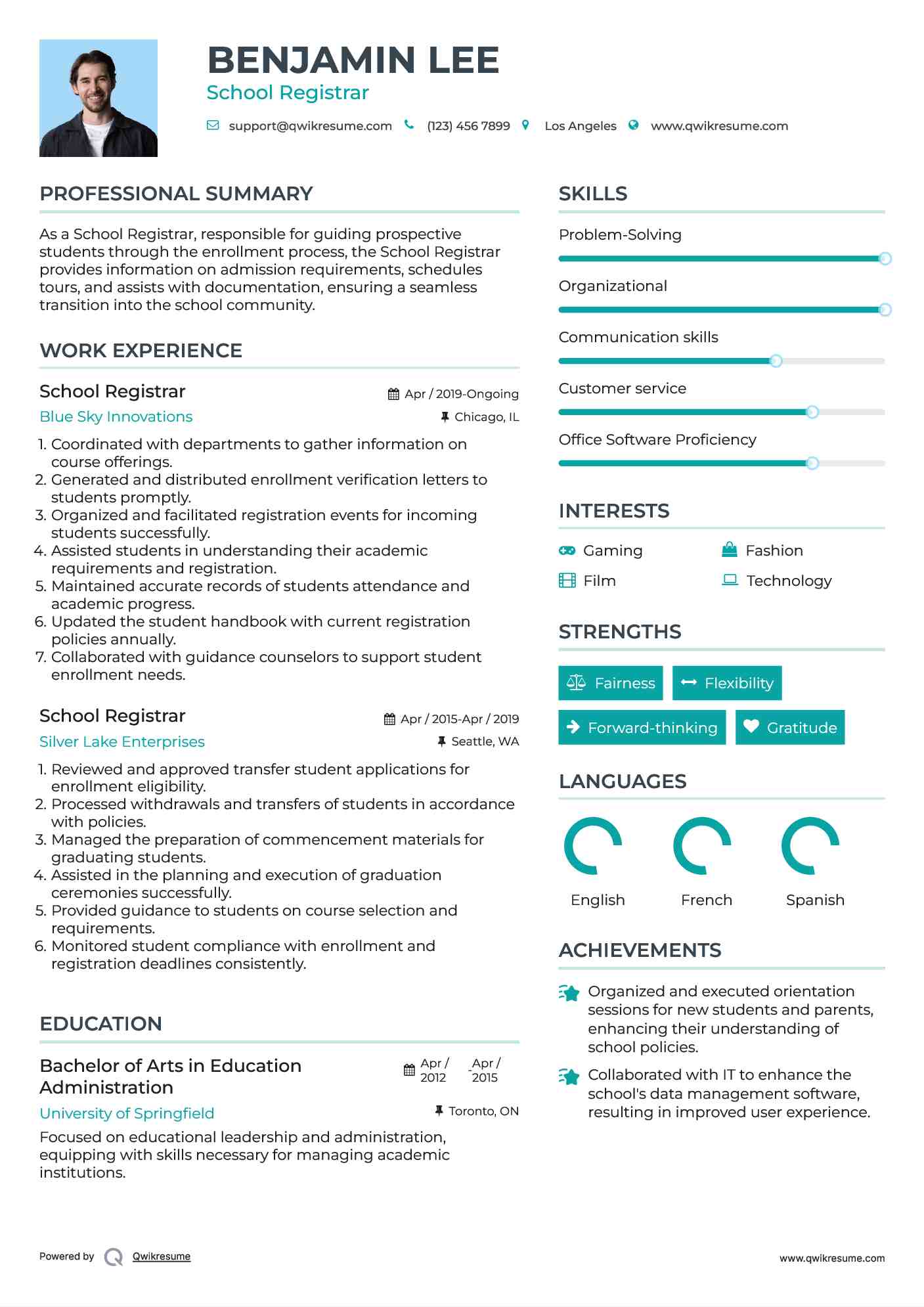 School Registrar Resume Format