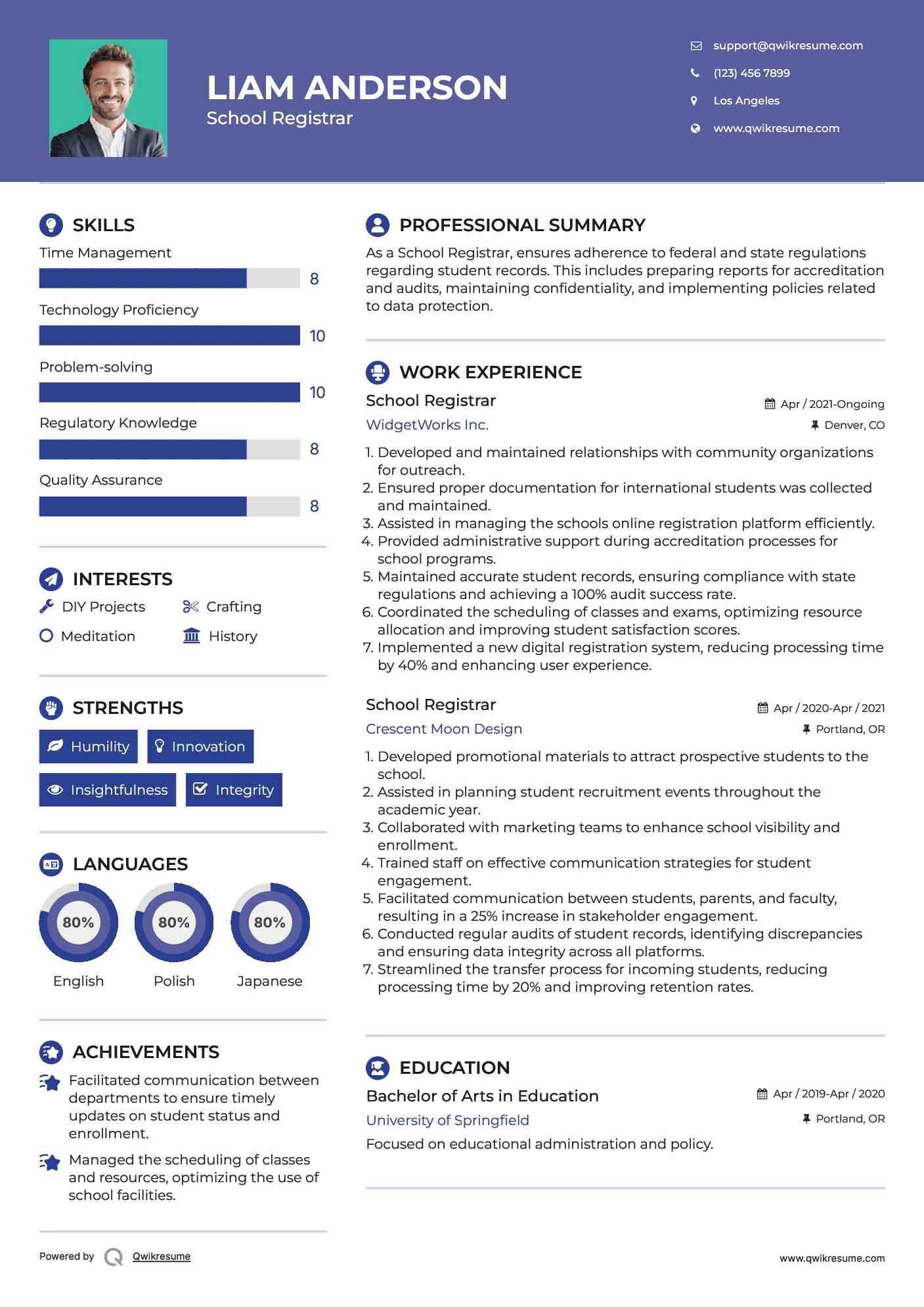School Registrar Resume Model
