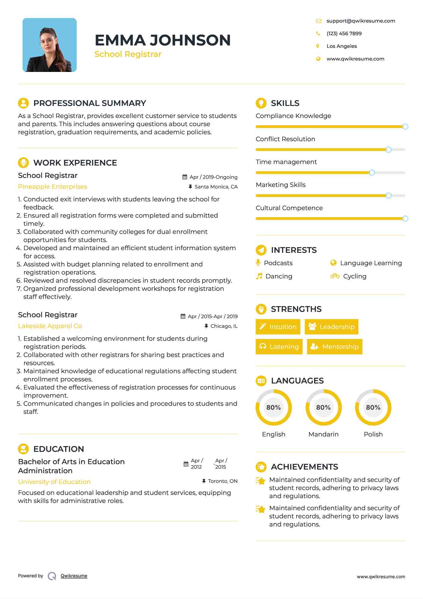 School Registrar Resume Template