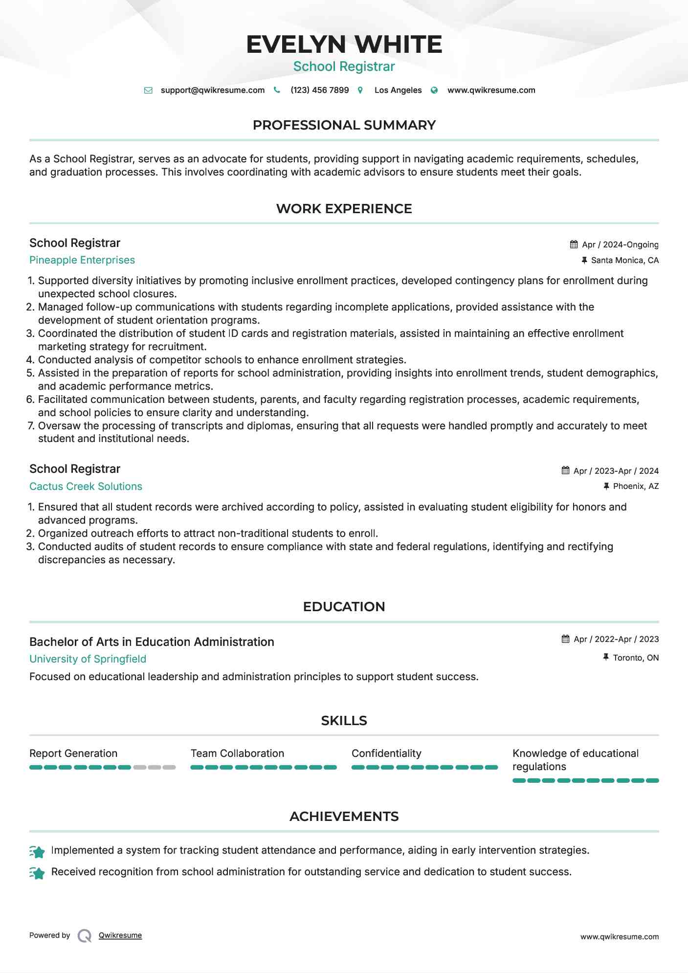 School Registrar Resume Example
