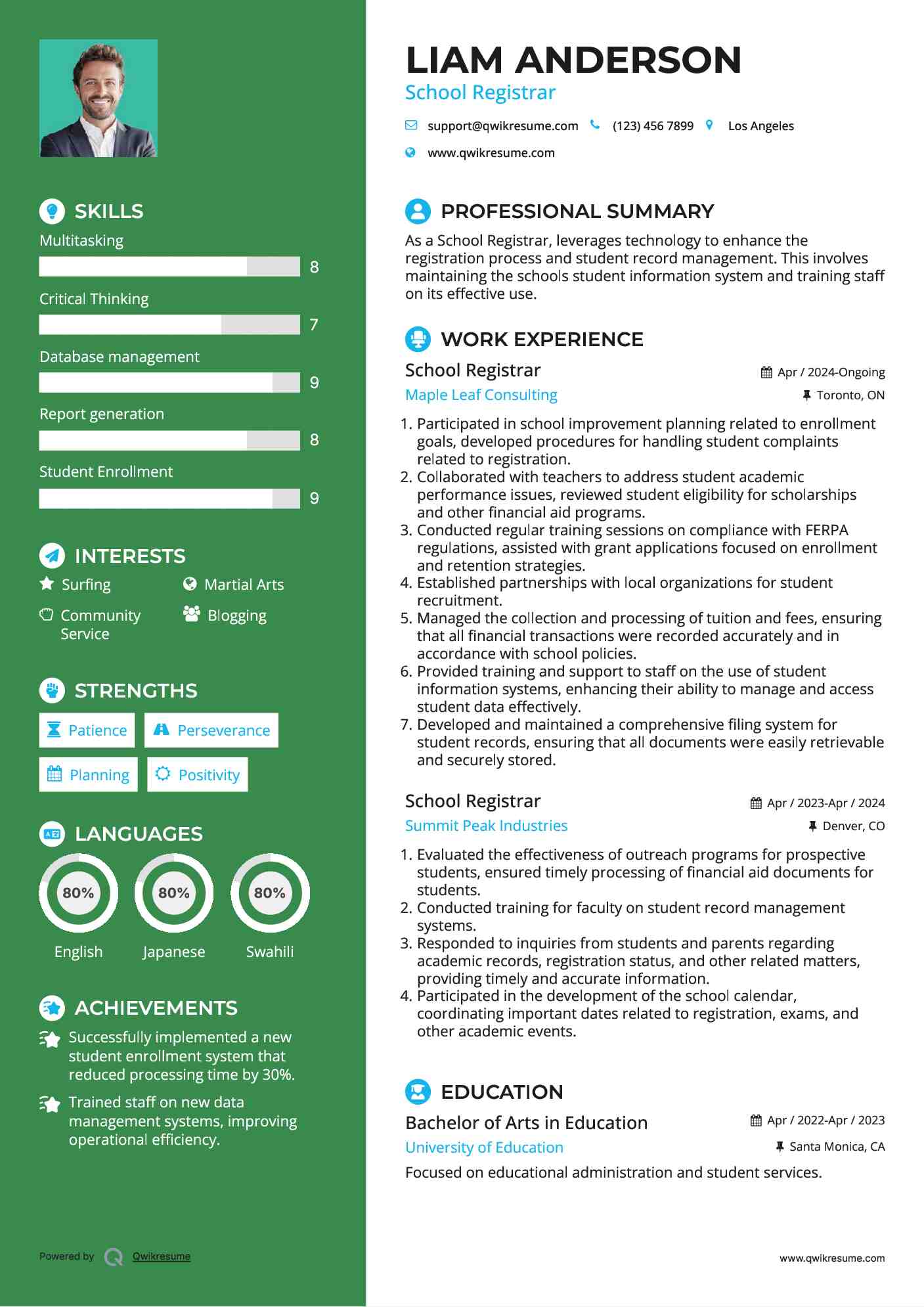 School Registrar Resume Format