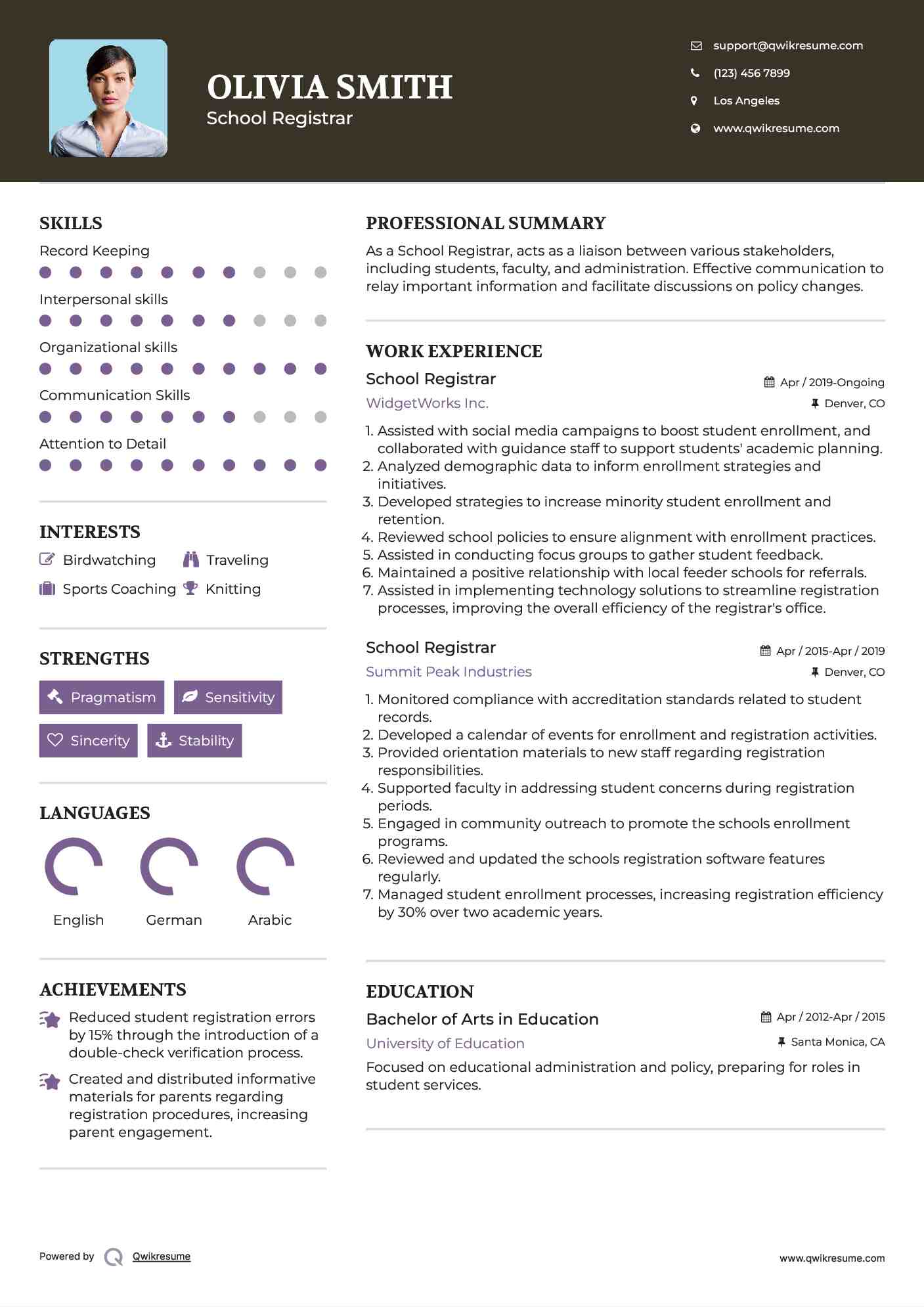 School Registrar Resume Sample