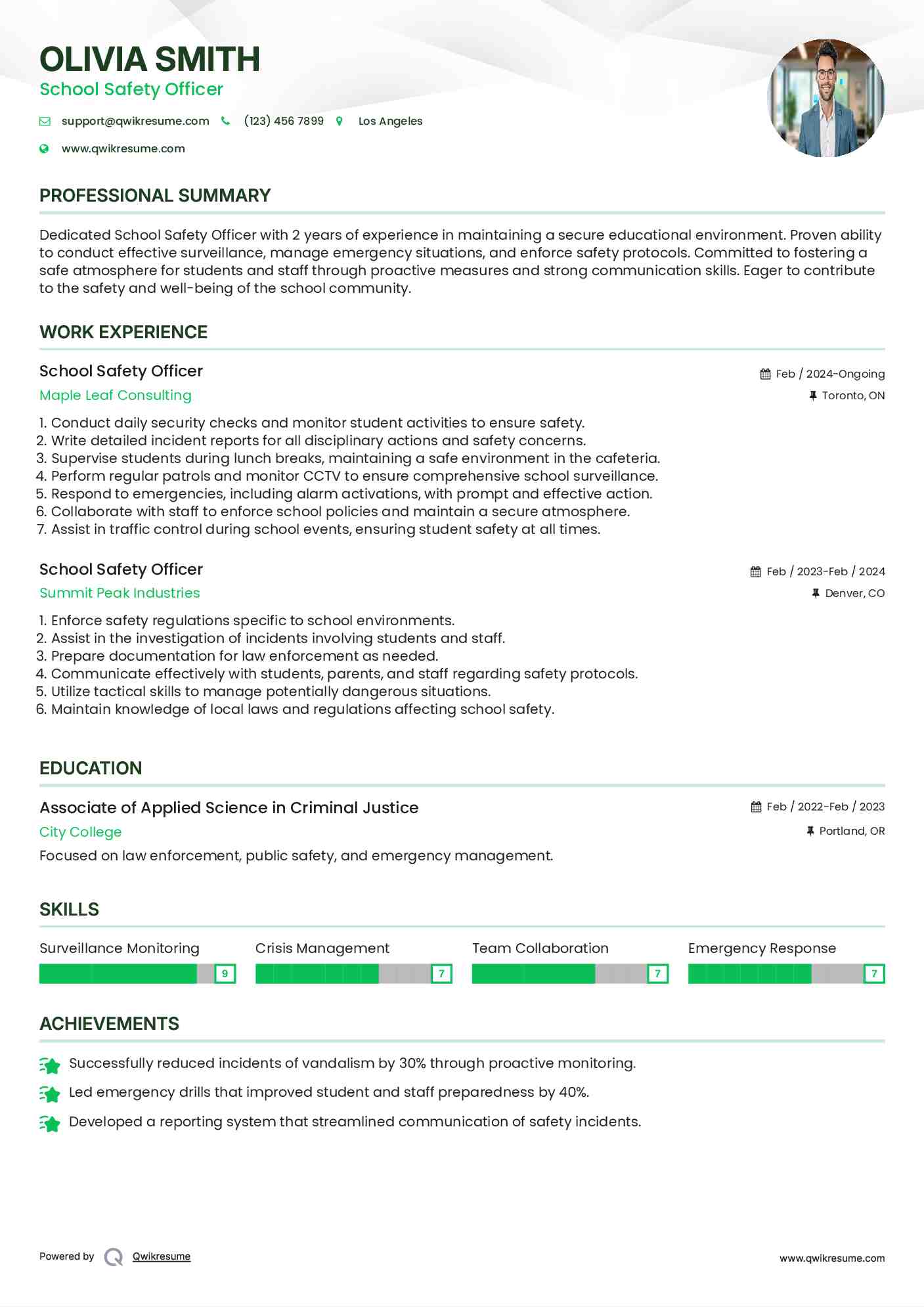 School Safety Officer Resume Sample