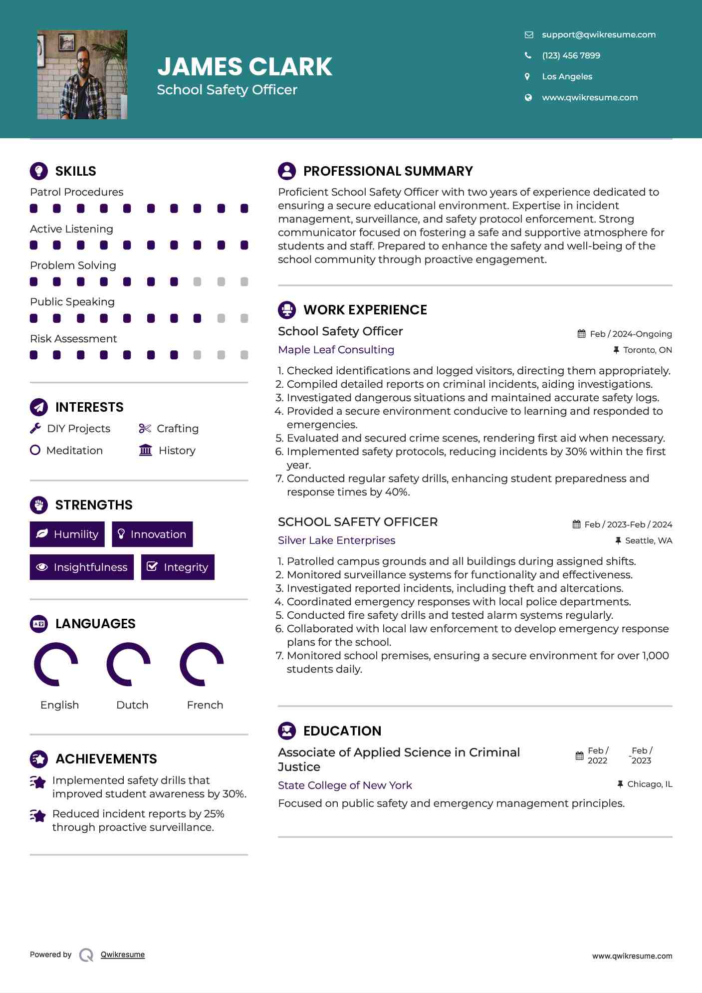 School Safety Officer Resume Samples | QwikResume
