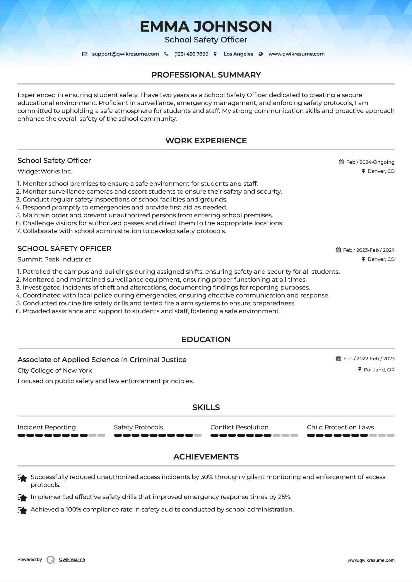 School Safety Officer Resume Format
