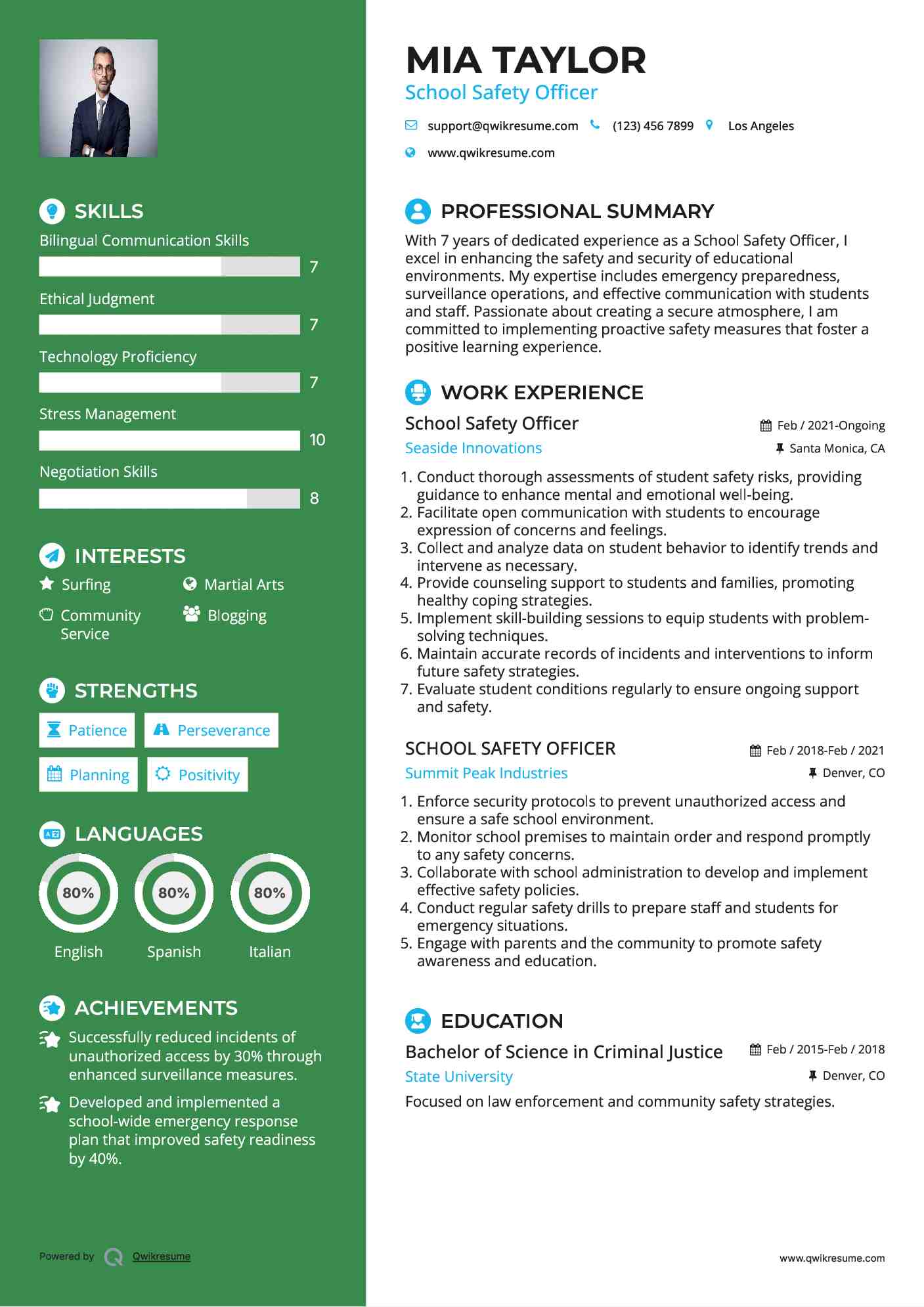 School Safety Officer Resume Example