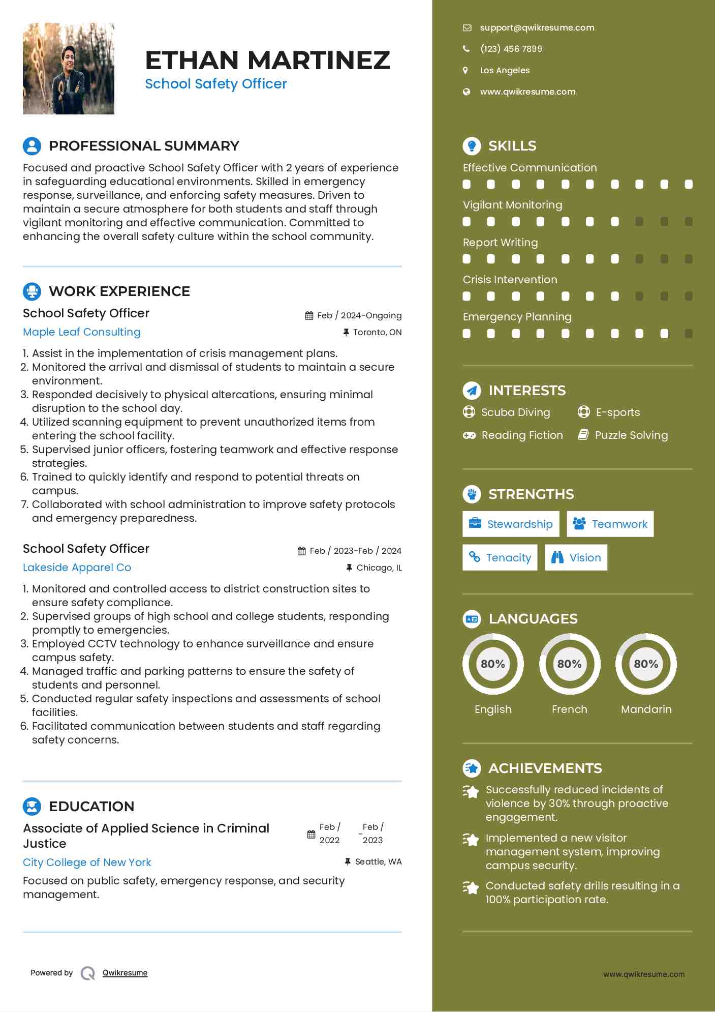 School Safety Officer Resume Example