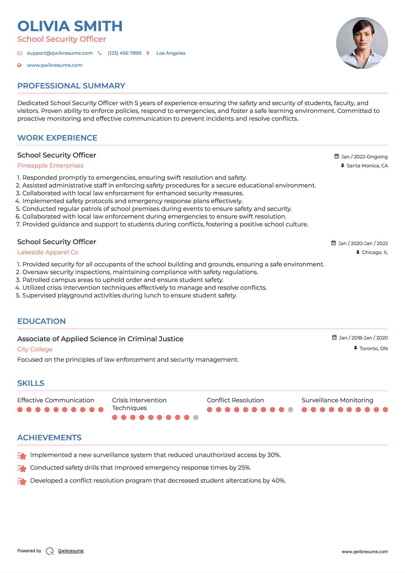 School Security Officer Resume Sample