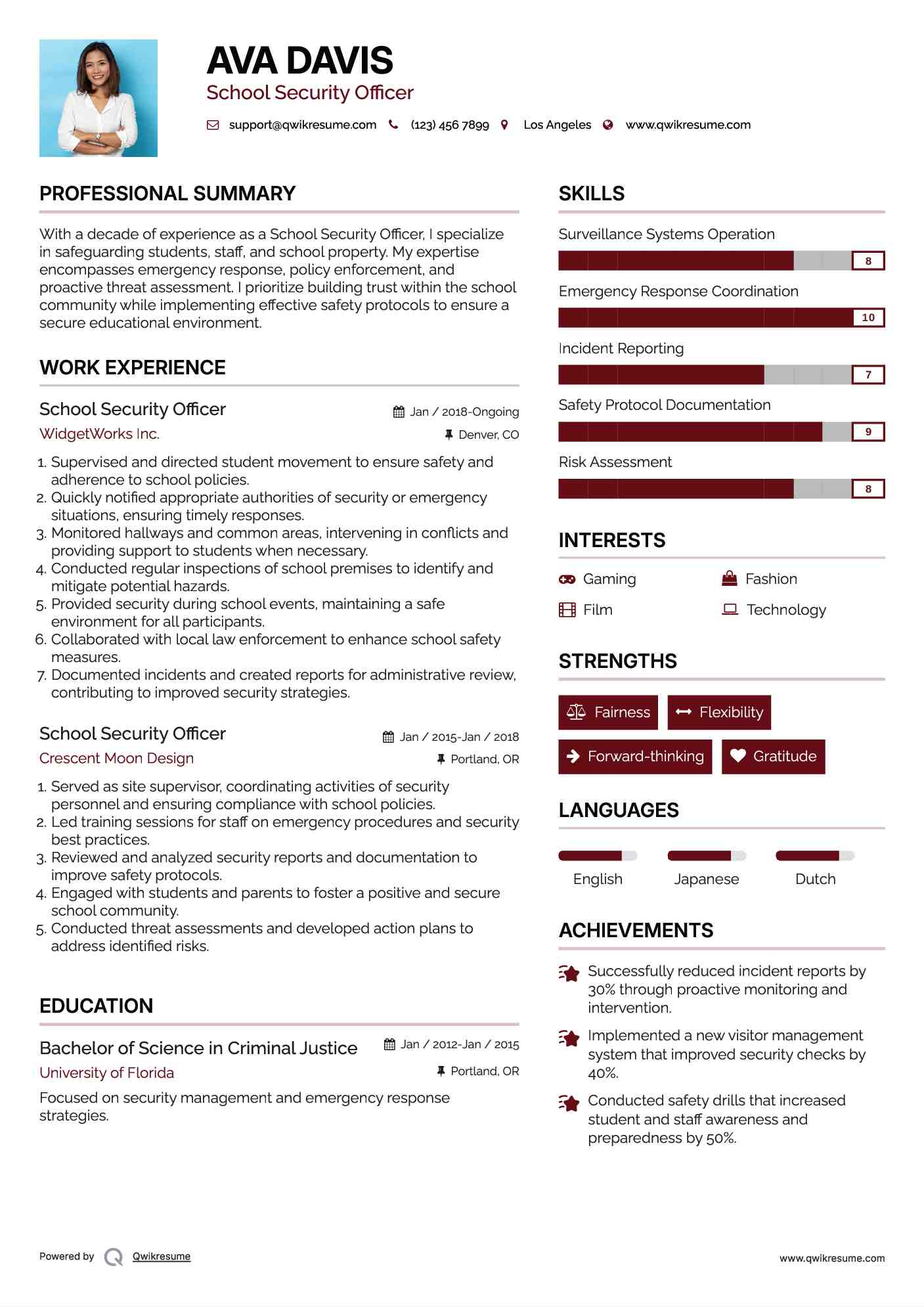 School Security Officer Resume Sample