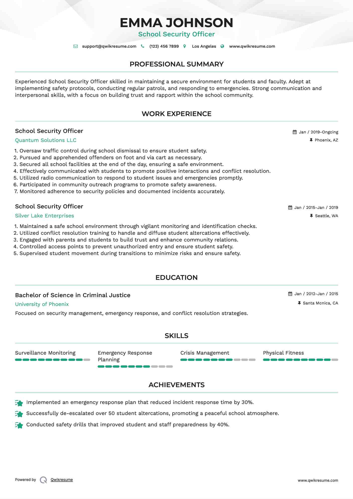 School Security Officer Resume Sample