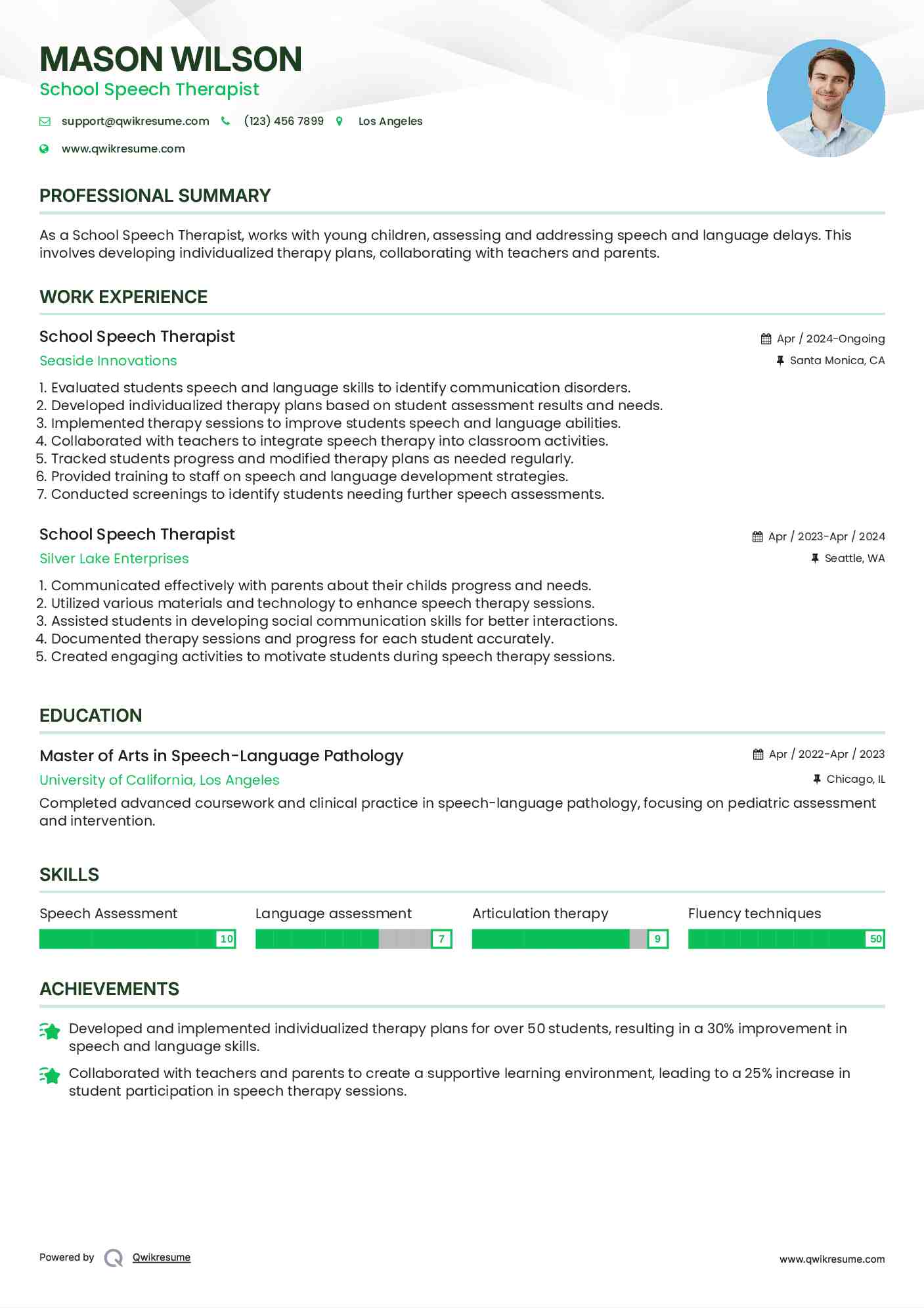 School Speech Therapist Resume Format