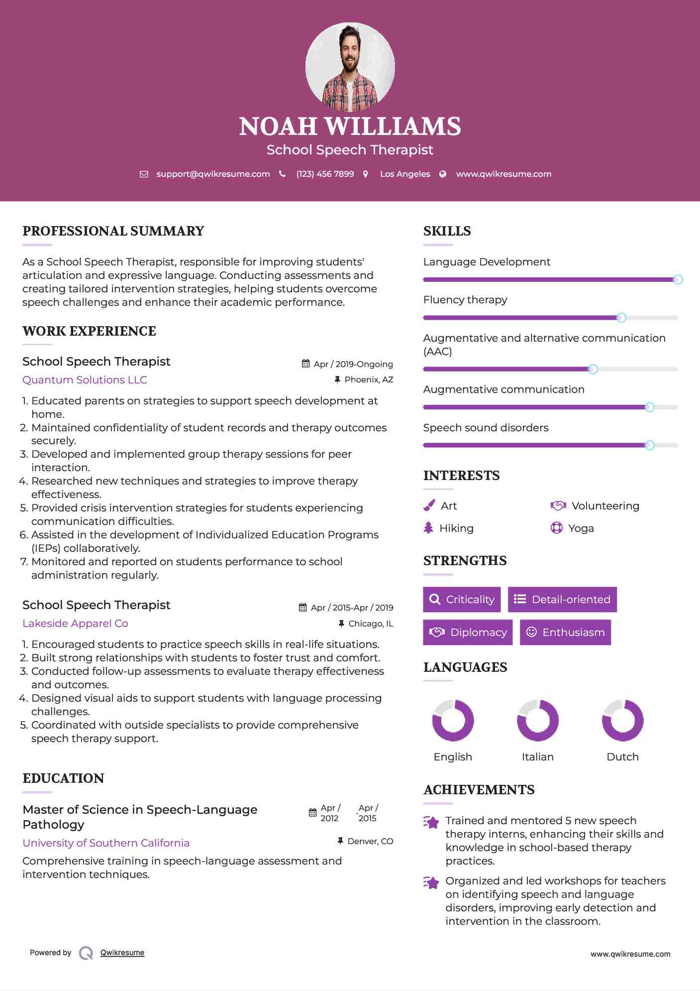 School Speech Therapist Resume Example