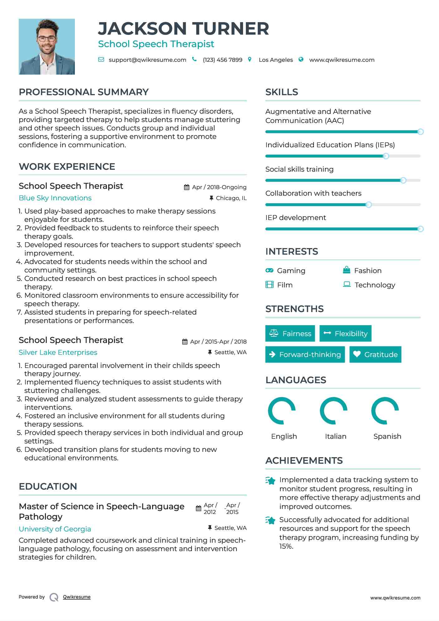 School Speech Therapist Resume Example