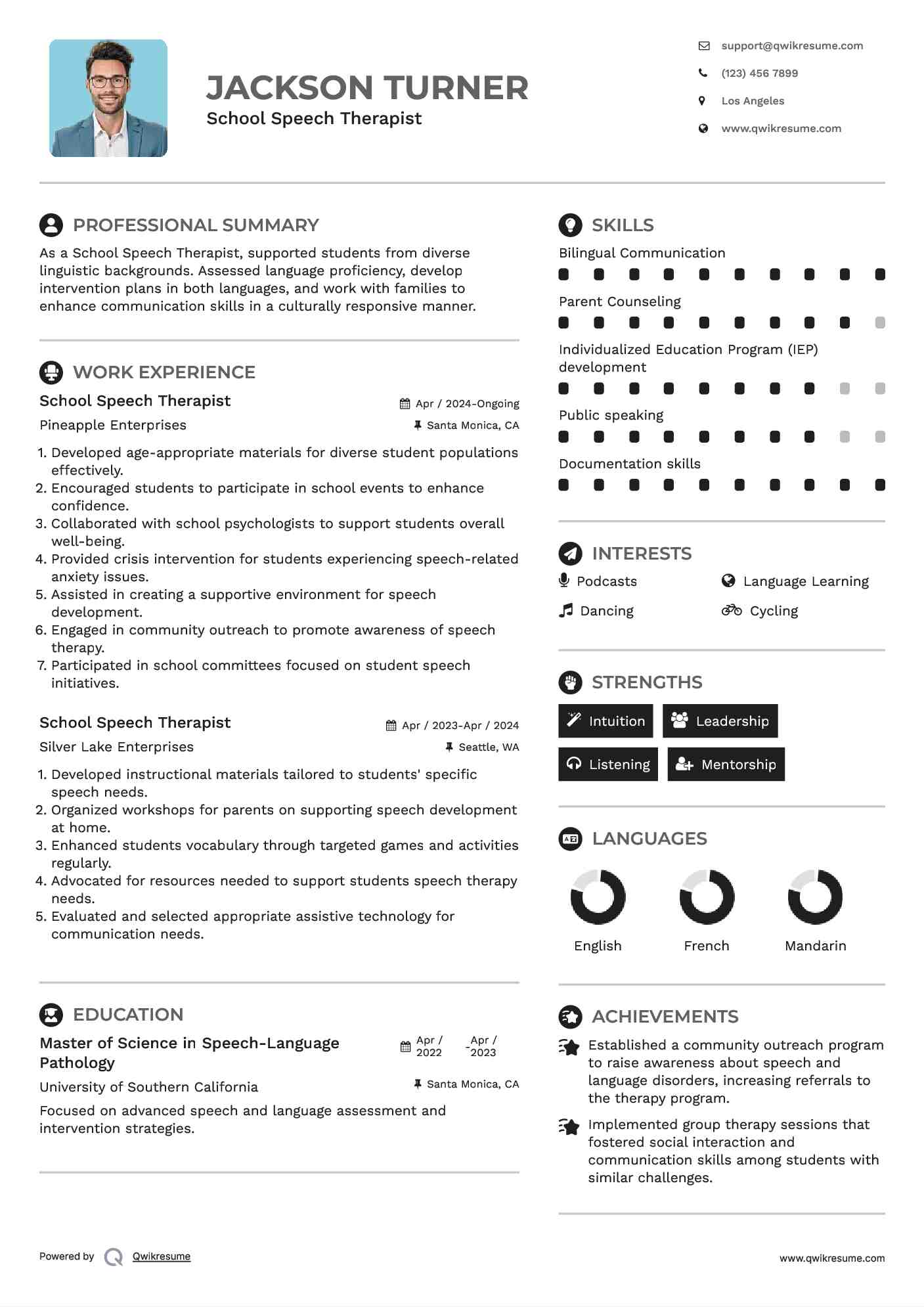 School Speech Therapist Resume Template