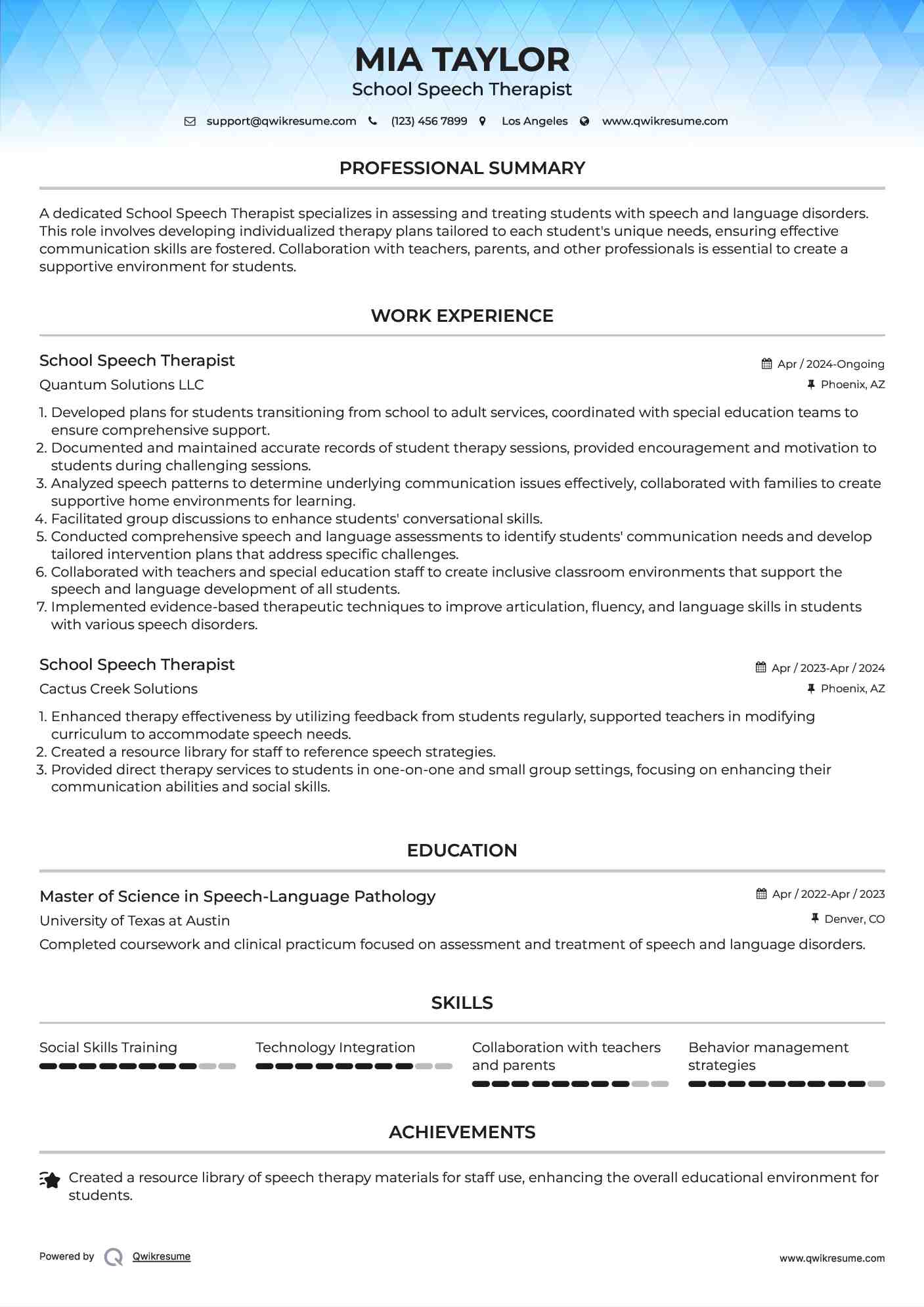 School Speech Therapist Resume Format