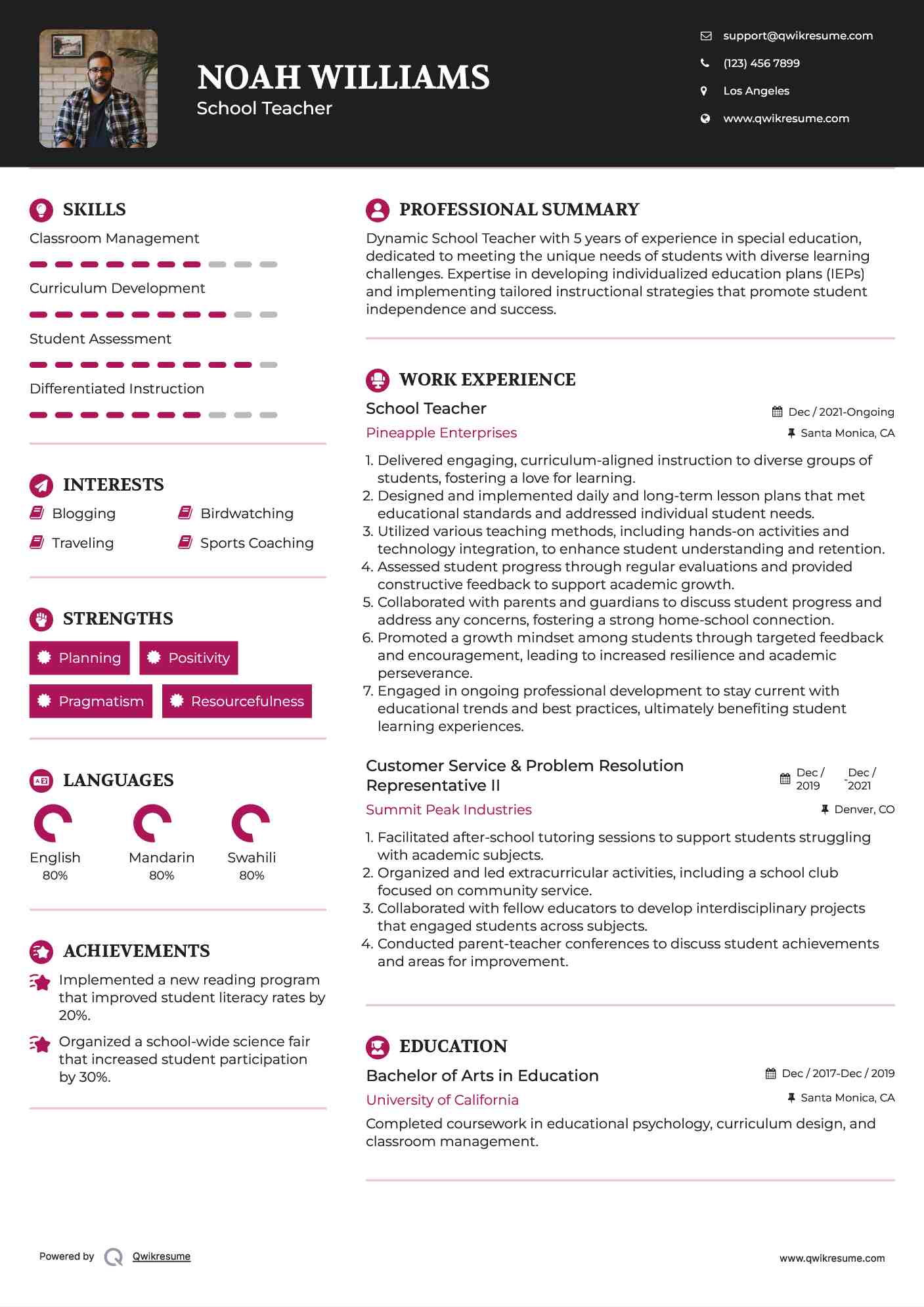 School Teacher Resume Format