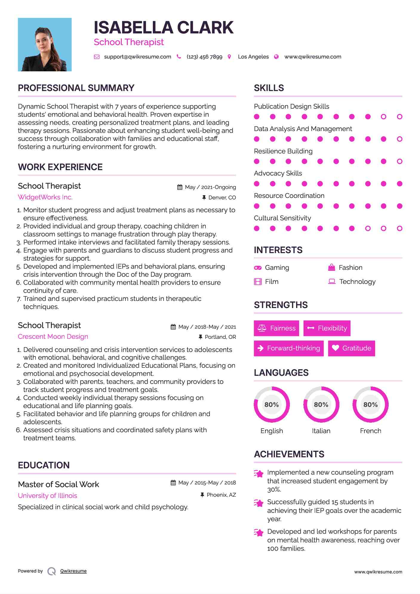 School Therapist Resume Model