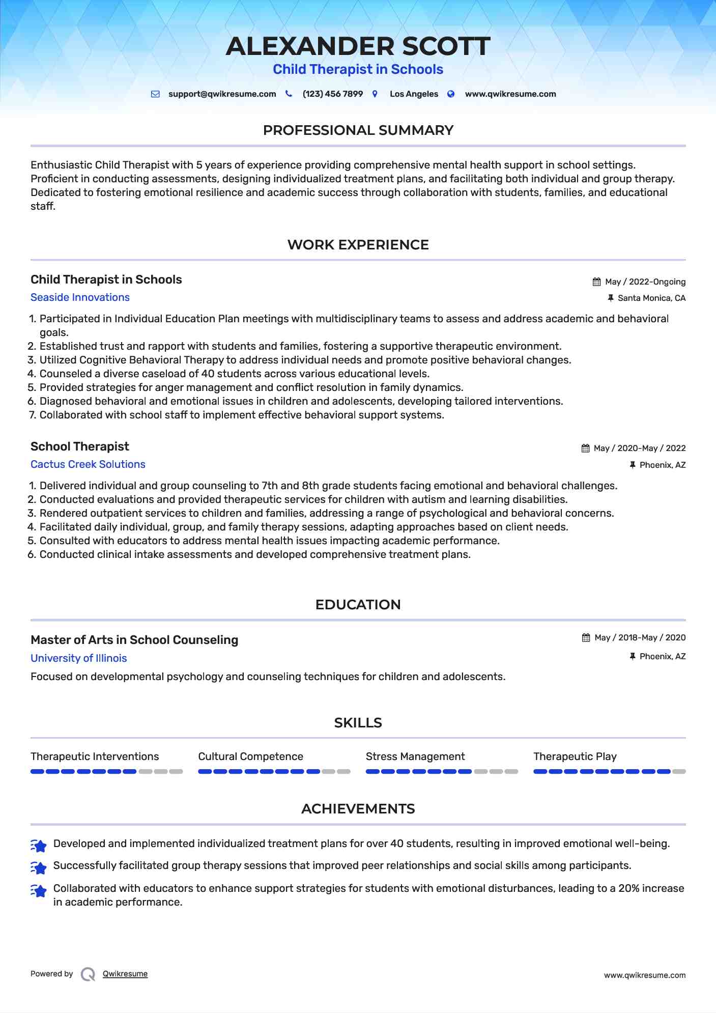 Child Therapist in Schools Resume Example