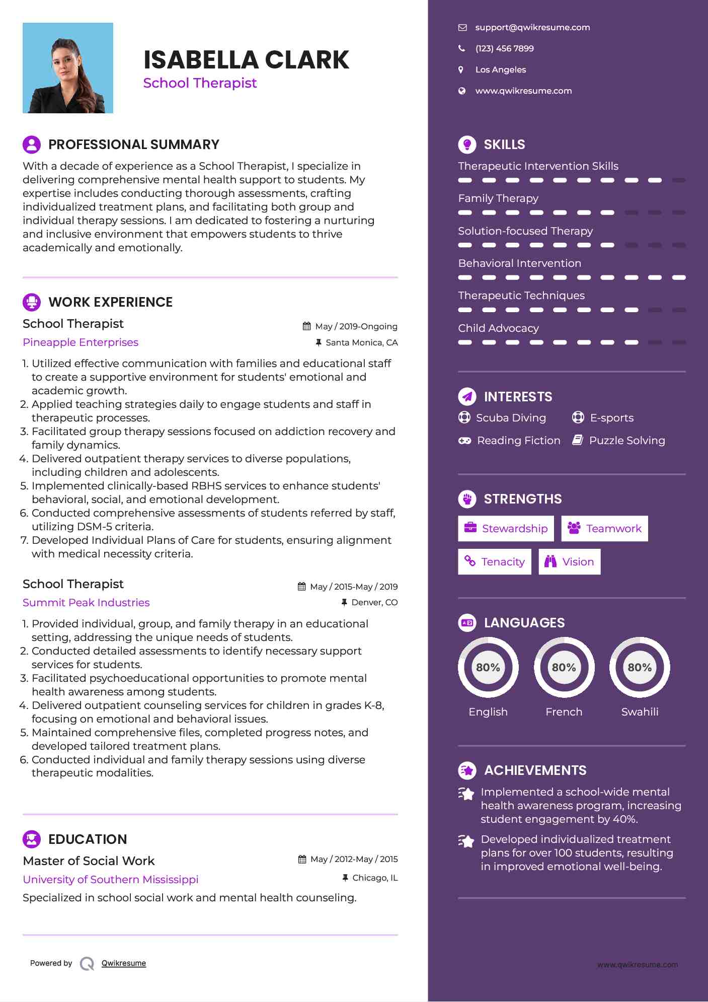 School Therapist Resume Model